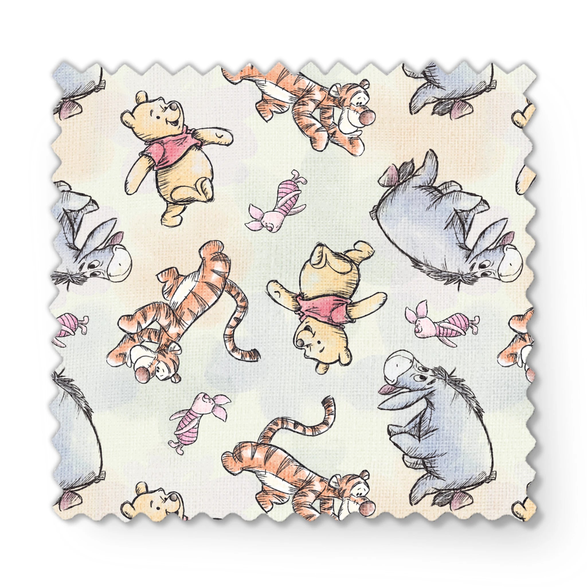 Whimsical pattern featuring cartoon bears in red shirts with bouncing tigers and small pink chara... fabric swatch mockup