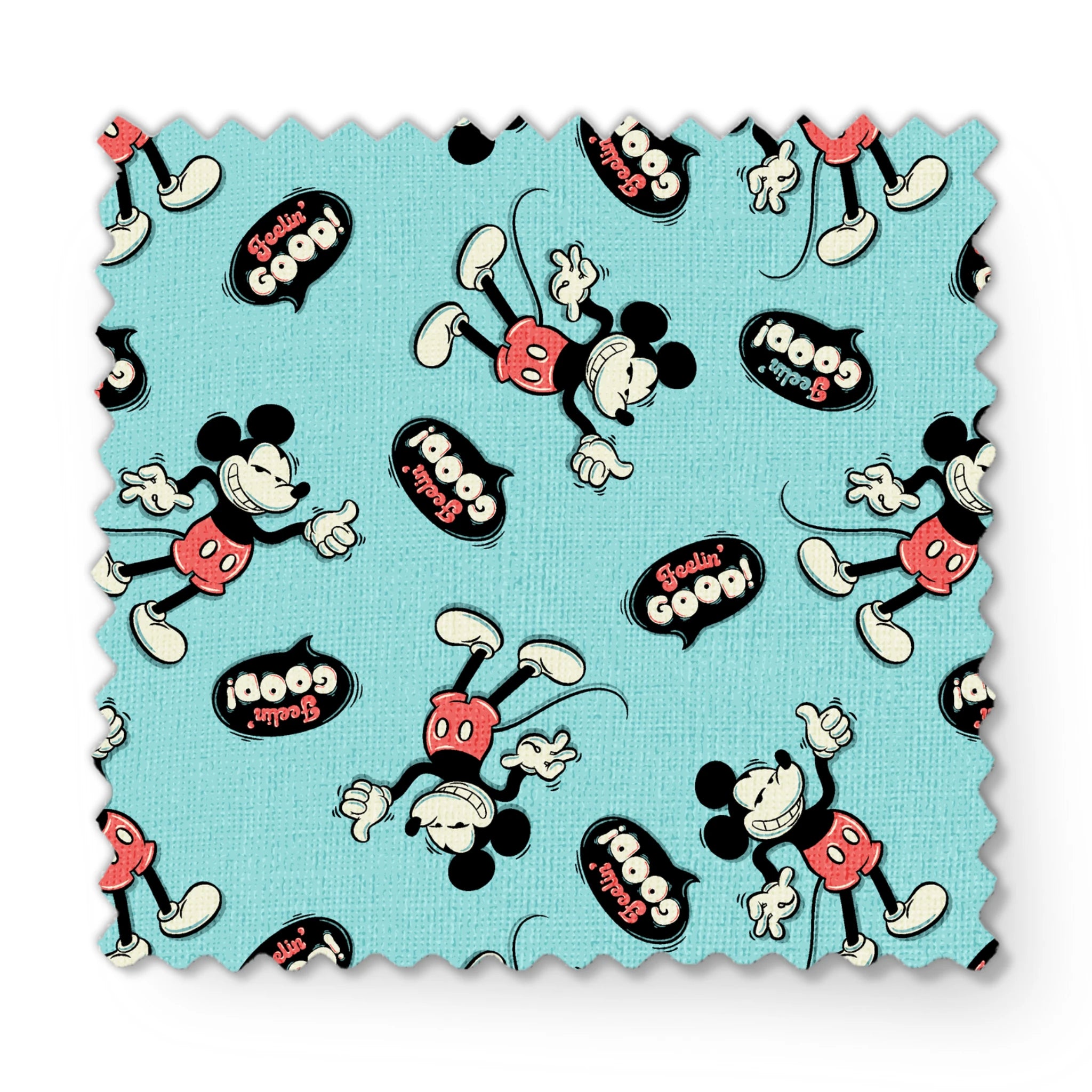Mickey Mouse pattern on teal background with cartoon characters and "Gosh!" speech bubbles fabric swatch mockup