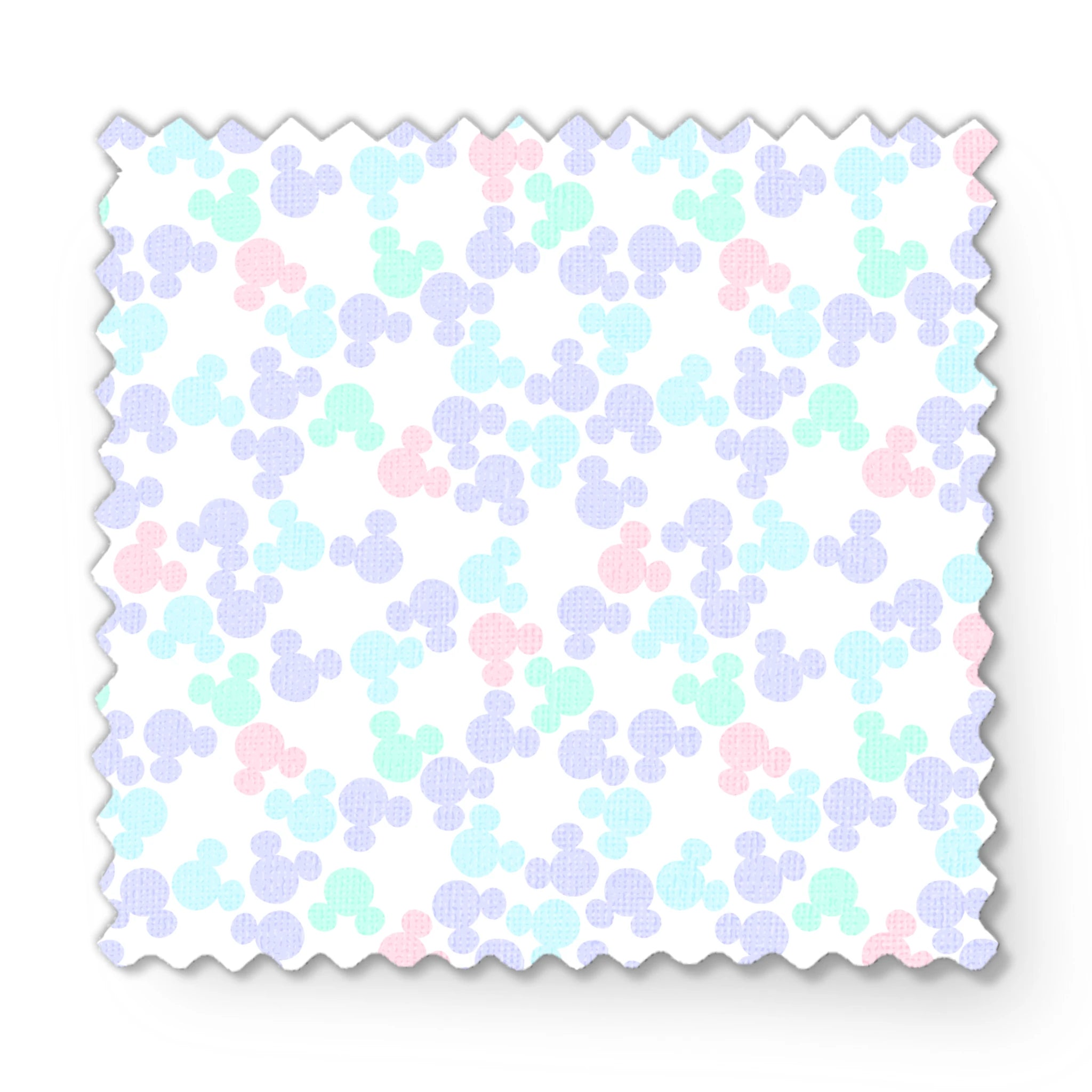 Pastel circular pattern with purple, light blue, green, and pink bubble shapes on white background fabric swatch mockup