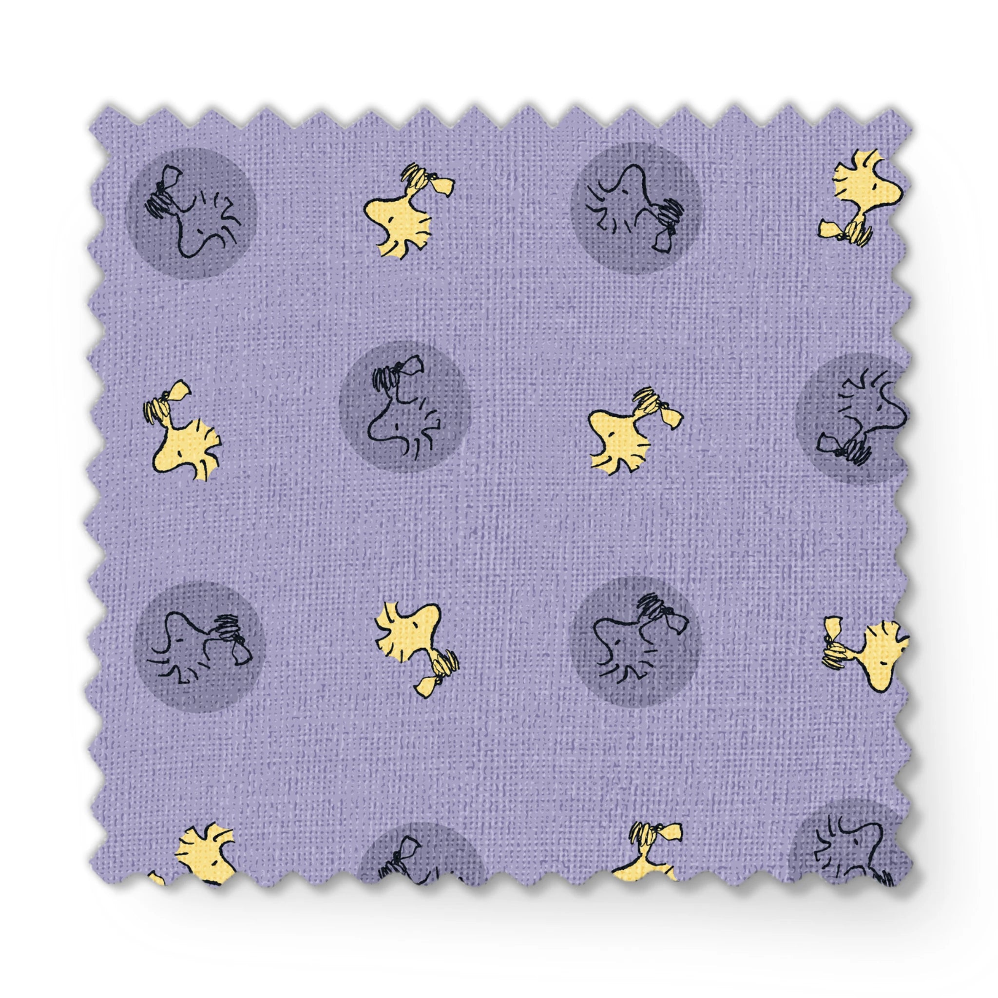 Woodstock alternating with gray circular silhouettes on purple background fabric swatch mockup