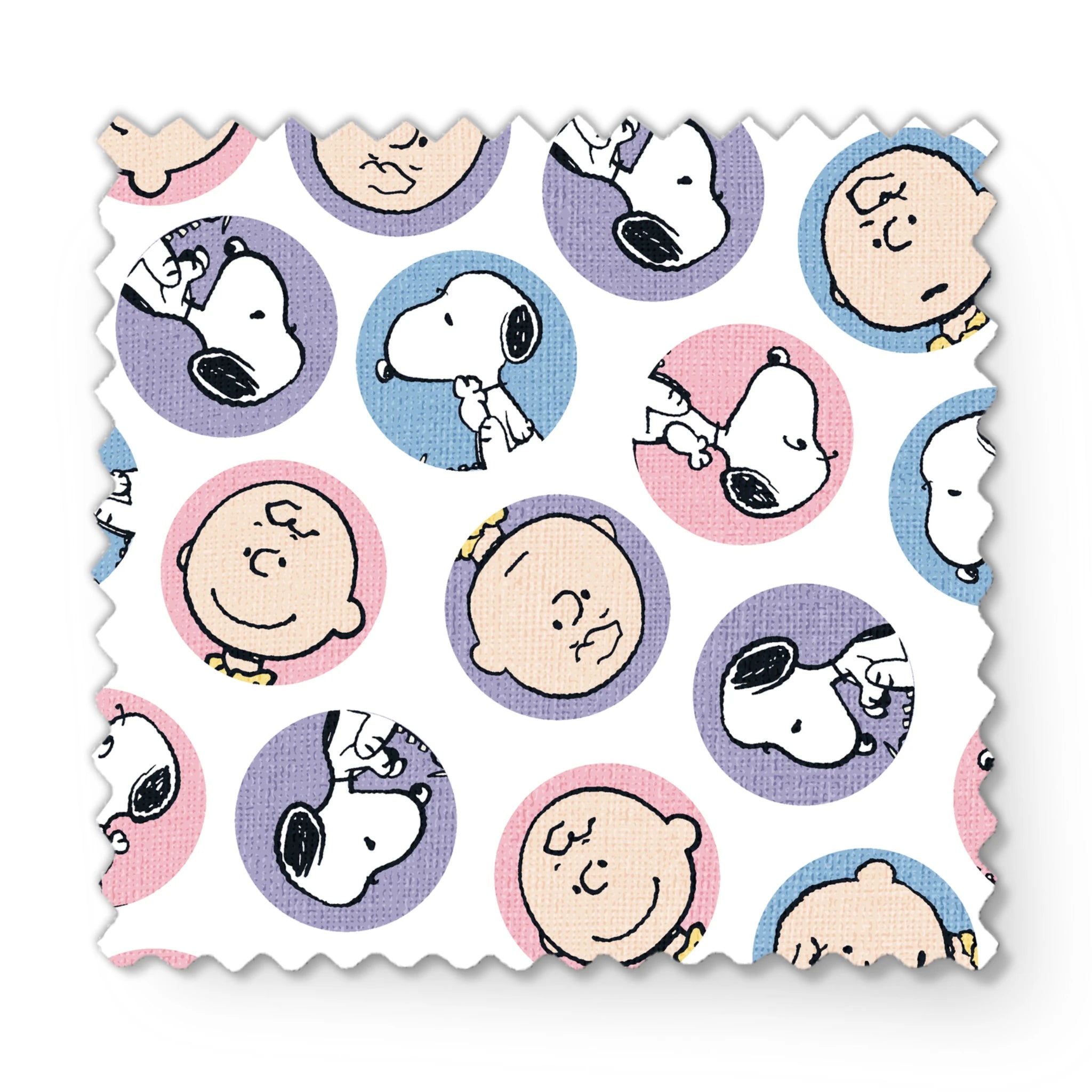 Peanuts cartoon pattern with Charlie Brown and Snoopy circular portraits in pink, blue and purple fabric swatch mockup