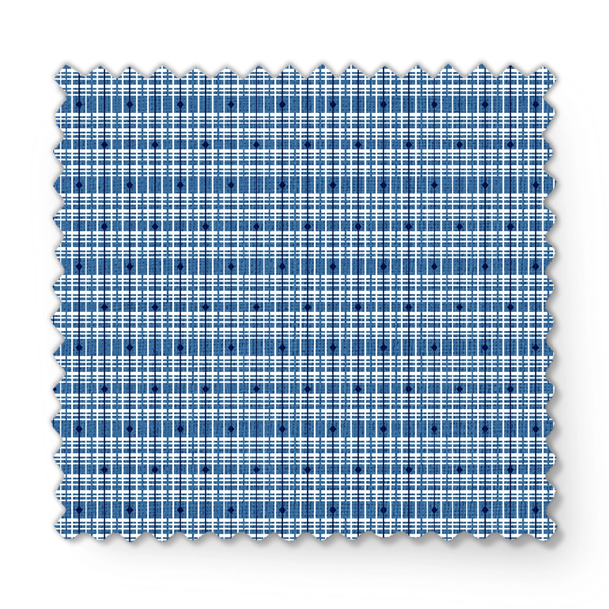 Blue and white plaid pattern with thin grid lines in various shades of blue on light background fabric swatch mockup