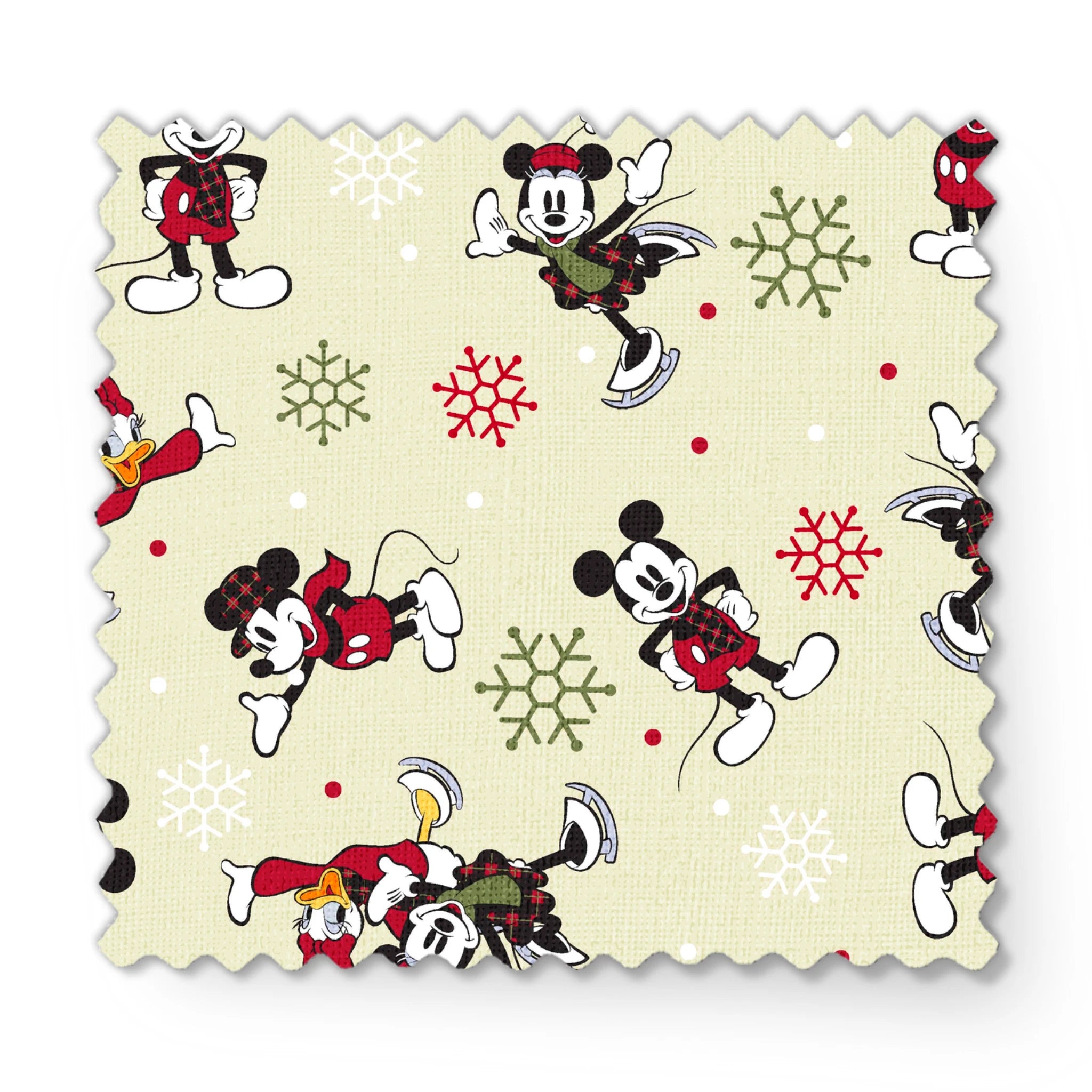 Holiday-themed cartoon mouse pattern with classic characters in red outfits on beige background with snowflakes. fabric swatch mockup