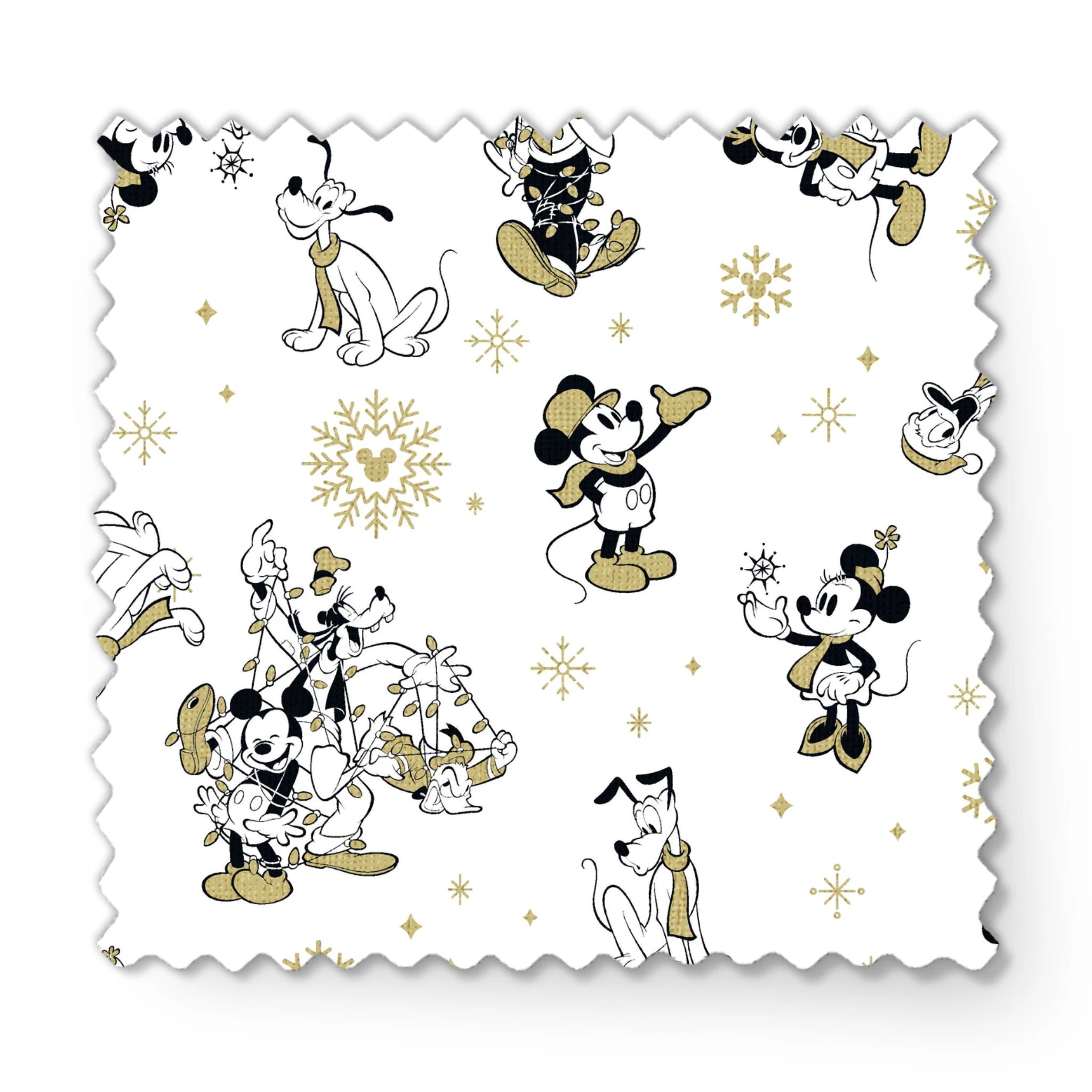 Vintage Disney characters pattern with Mickey, Minnie and Pluto on white background with gold snowflakes fabric swatch mockup