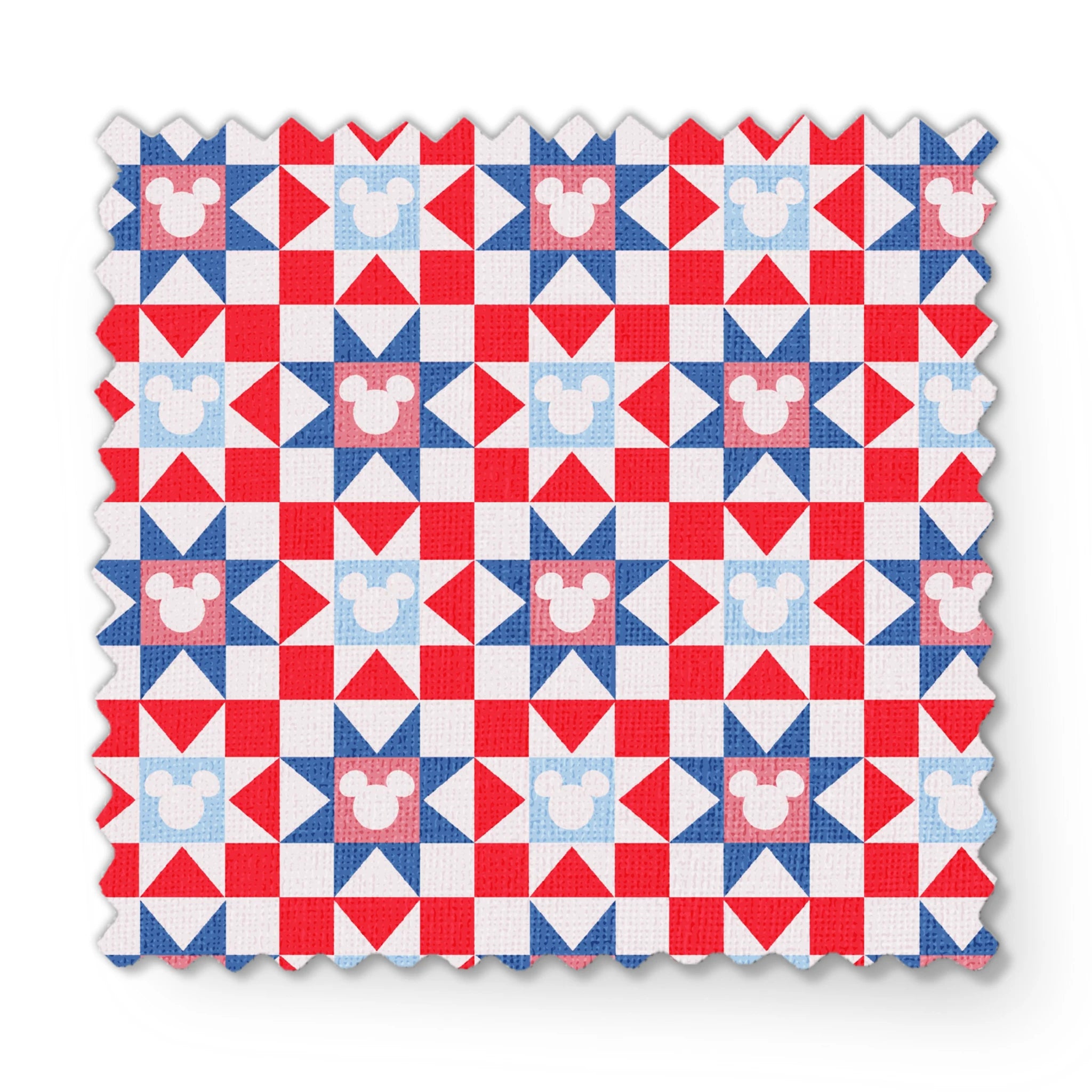 Un patrón de colcha con estrellas en rojo, blanco y azul, con siluetas de Mickey Mouse en el centro de cada estrella. fabric swatch mockup