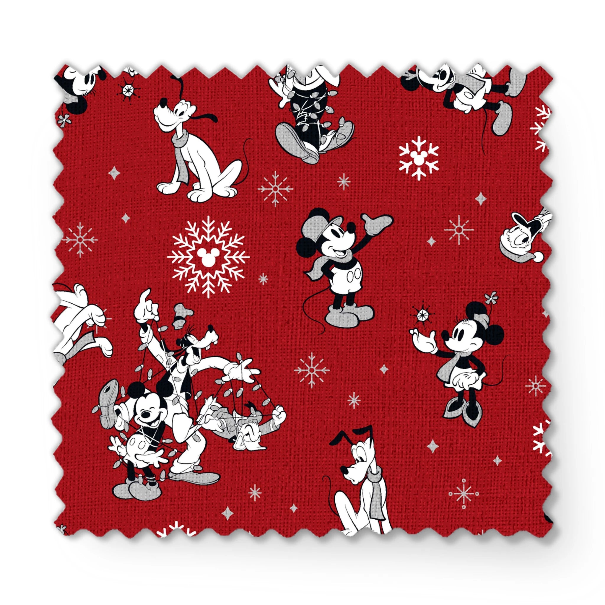 Christmas pattern with Disney characters and snowflakes on red background fabric swatch mockup