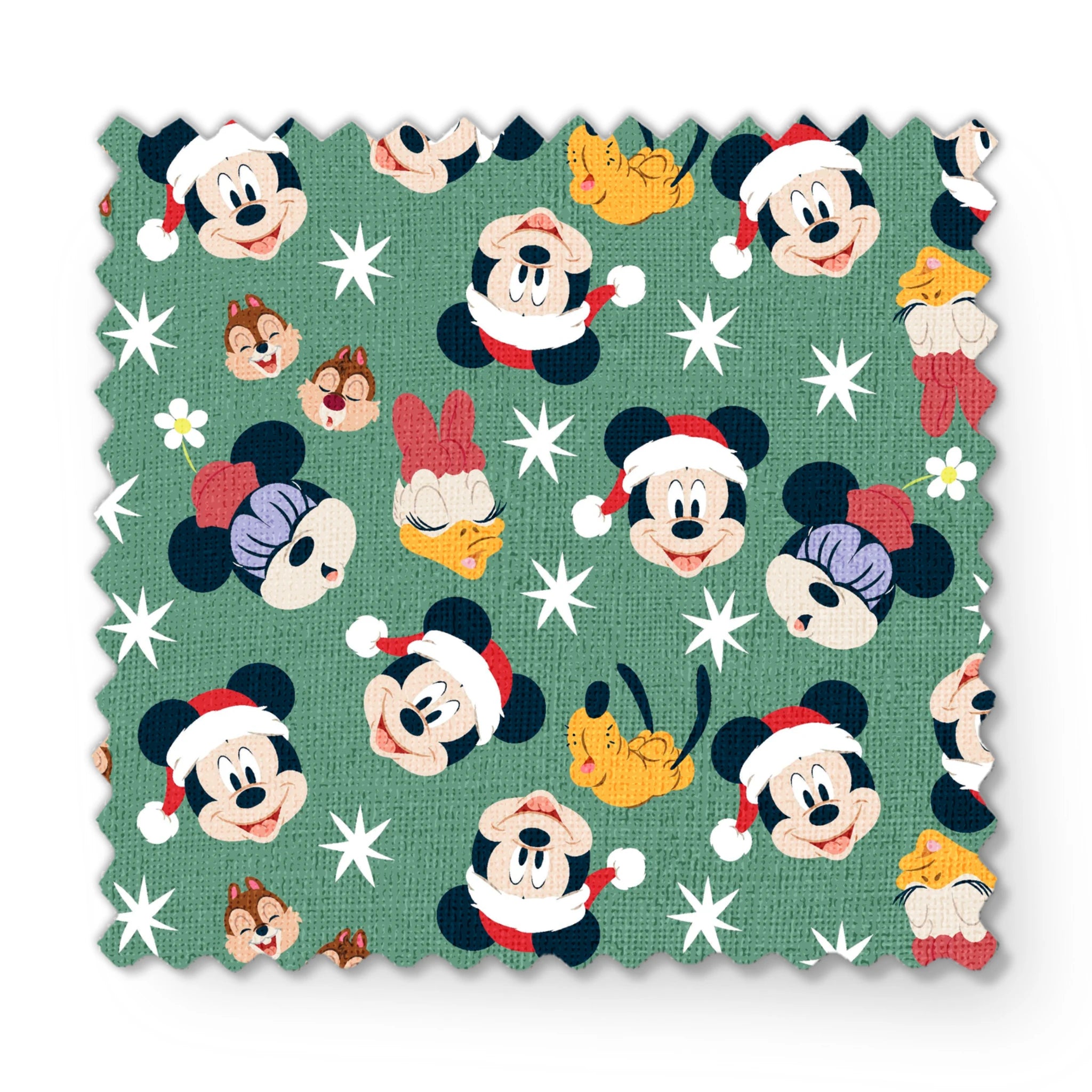 Mickey Mouse holiday pattern with characters wearing Santa hats on green background with stars and ornaments fabric swatch mockup