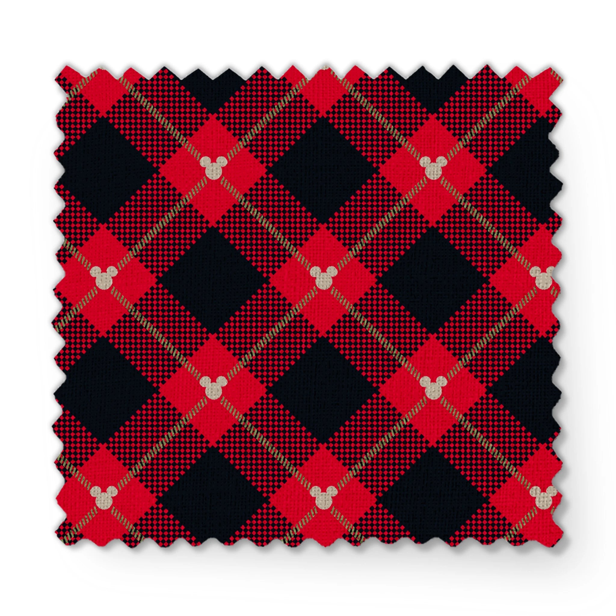 Red and black plaid pattern with diagonal gold stripes and small Mickey Mouse silhouettes fabric swatch mockup