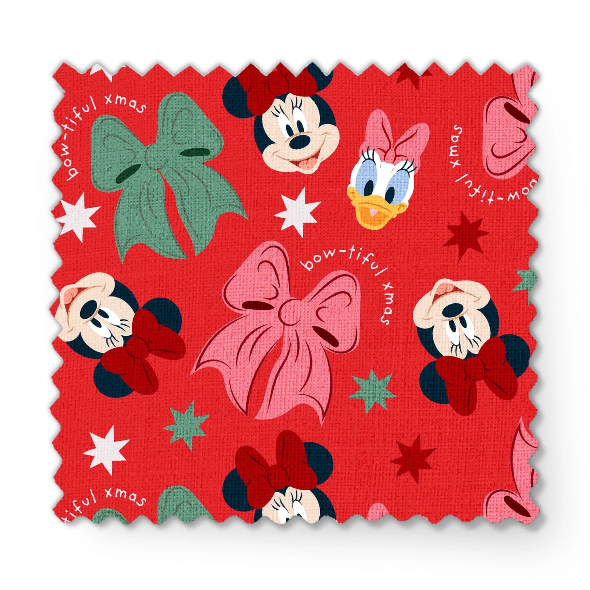 Disney character pattern with Minnie Mouse, Mickey Mouse and Donald Duck on red background with bows and stars fabric swatch mockup