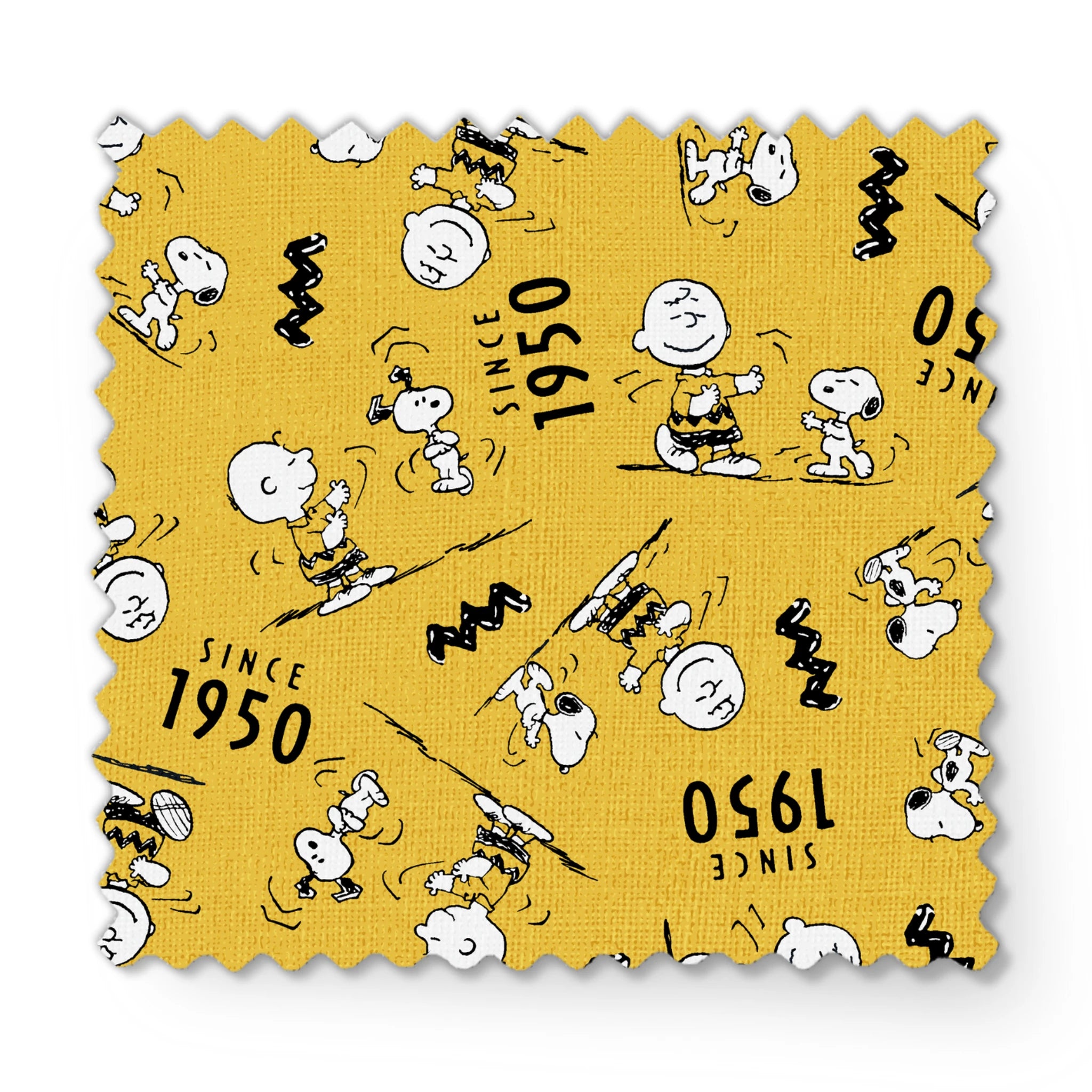 Peanuts cartoon pattern on yellow background with Snoopy and Charlie Brown, "Since 1950" text fabric swatch mockup