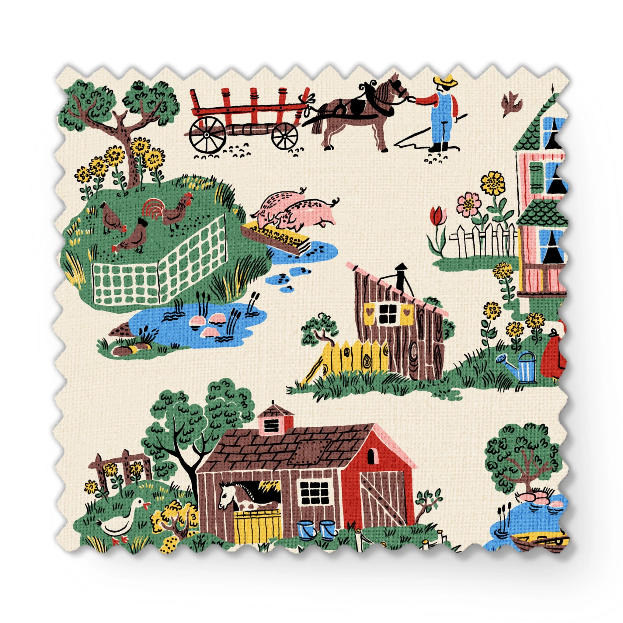 Colorful folk art illustration of country scenes with pink farmhouse, barns, and rural activities fabric swatch mockup