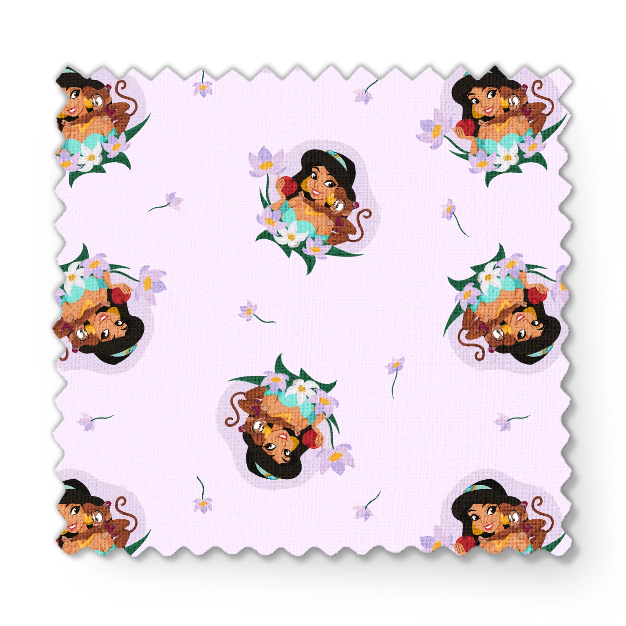 Cartoon pattern of Princess Jasmine with tiger cub surrounded by flowers on light pink background fabric swatch mockup