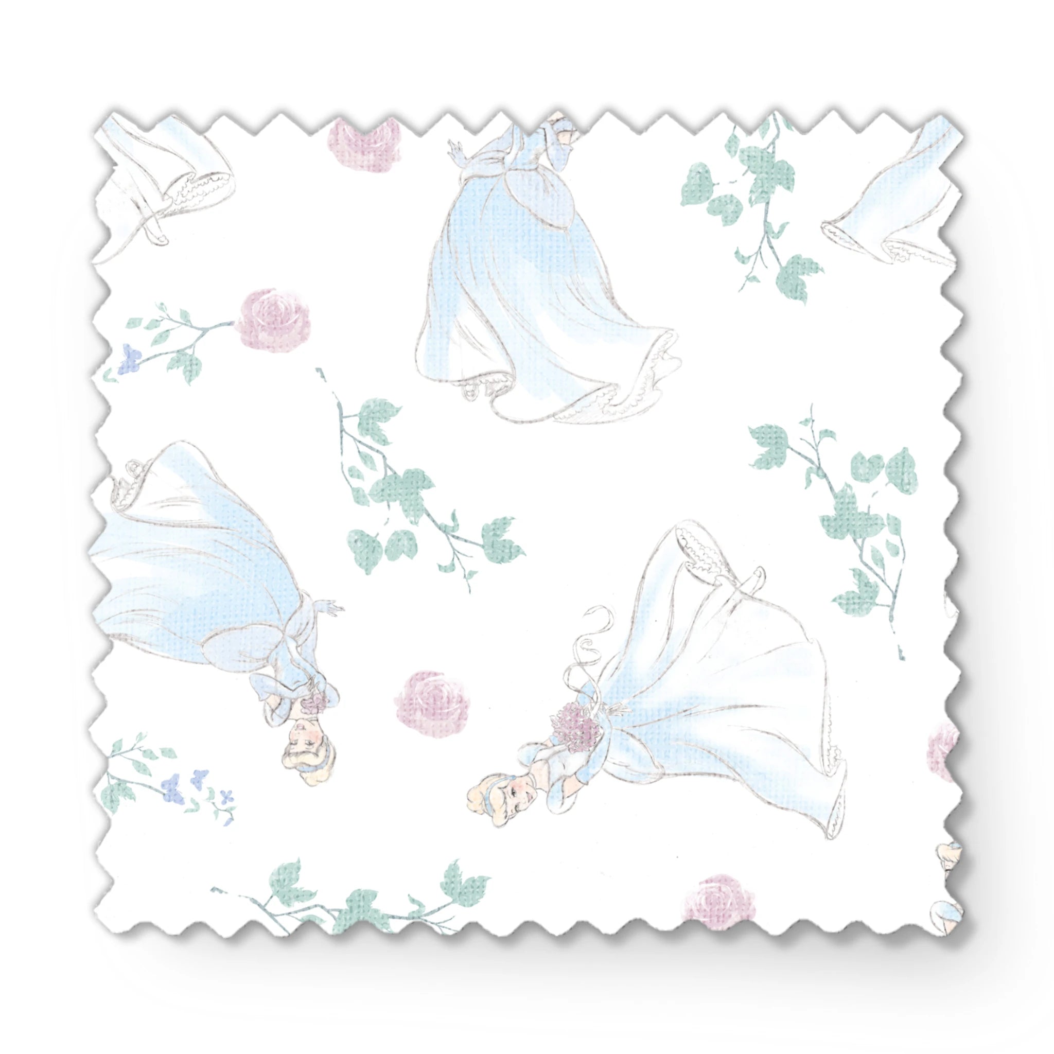 Delicate pattern of flowing blue dresses, pink roses, and mint green foliage on a light background fabric swatch mockup