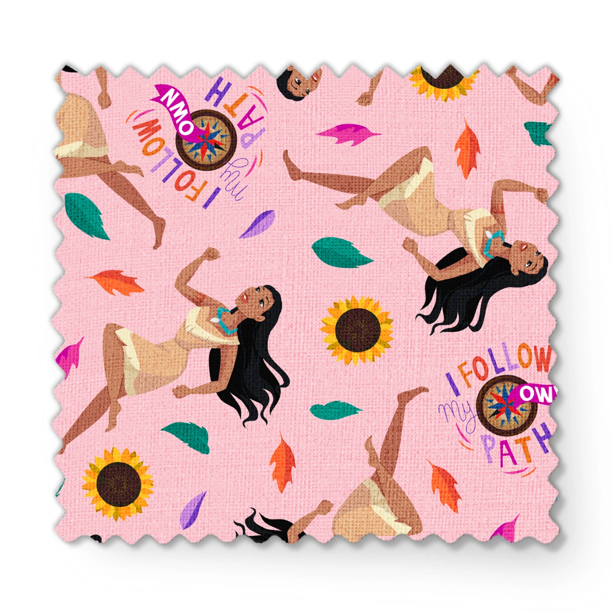 Colorful pattern with figures in relaxed poses, sunflowers, and text "Hi I Follow My Own Path" on pink background fabric swatch mockup