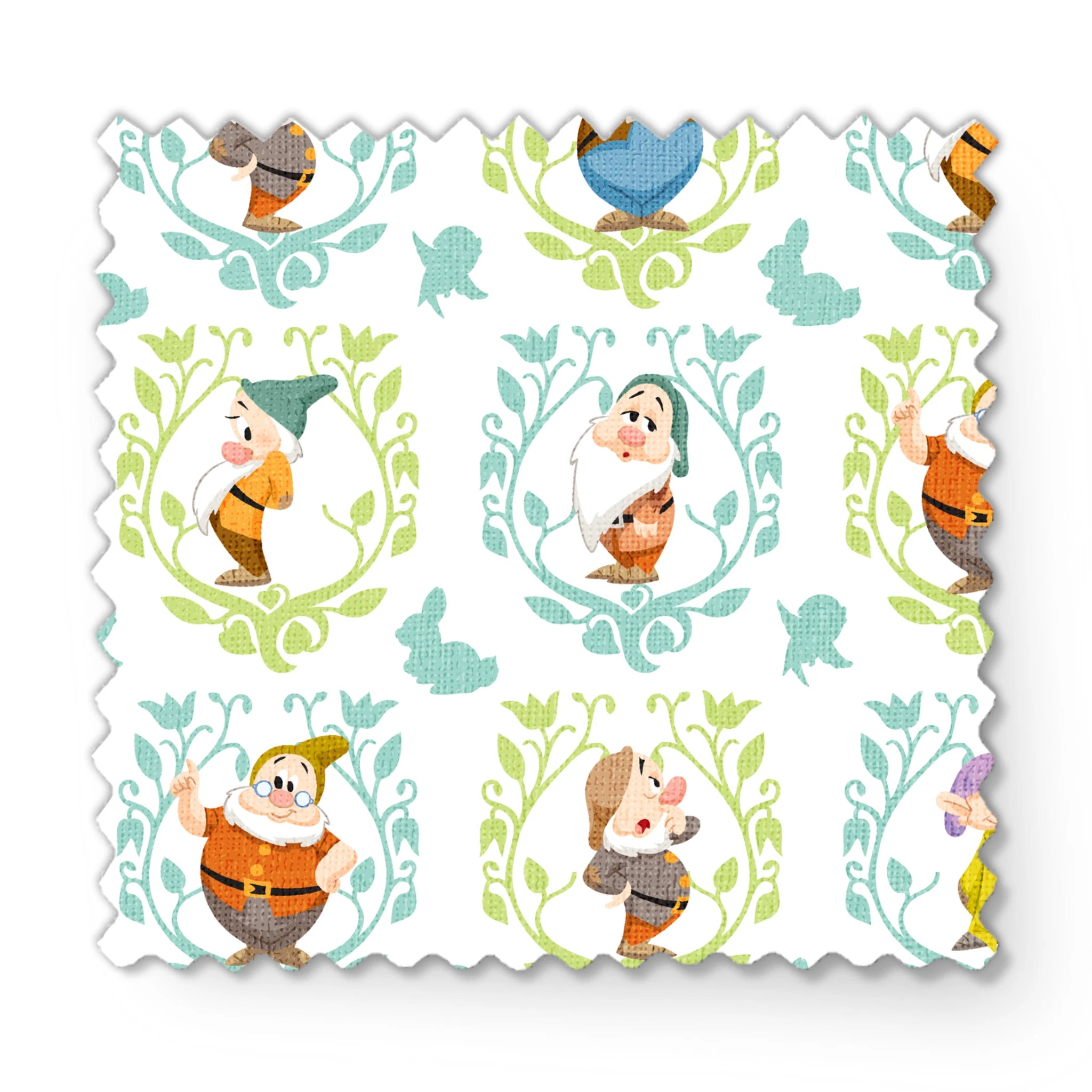 Cartoon pattern of Snow White's seven dwarfs in decorative floral frames on light background fabric swatch mockup