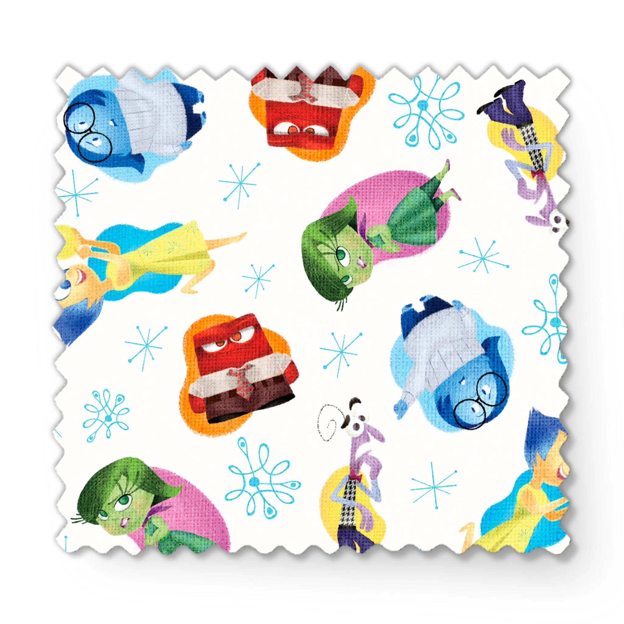 Colorful pattern of cartoon Inside Out characters with snowflake accents on white background fabric swatch mockup
