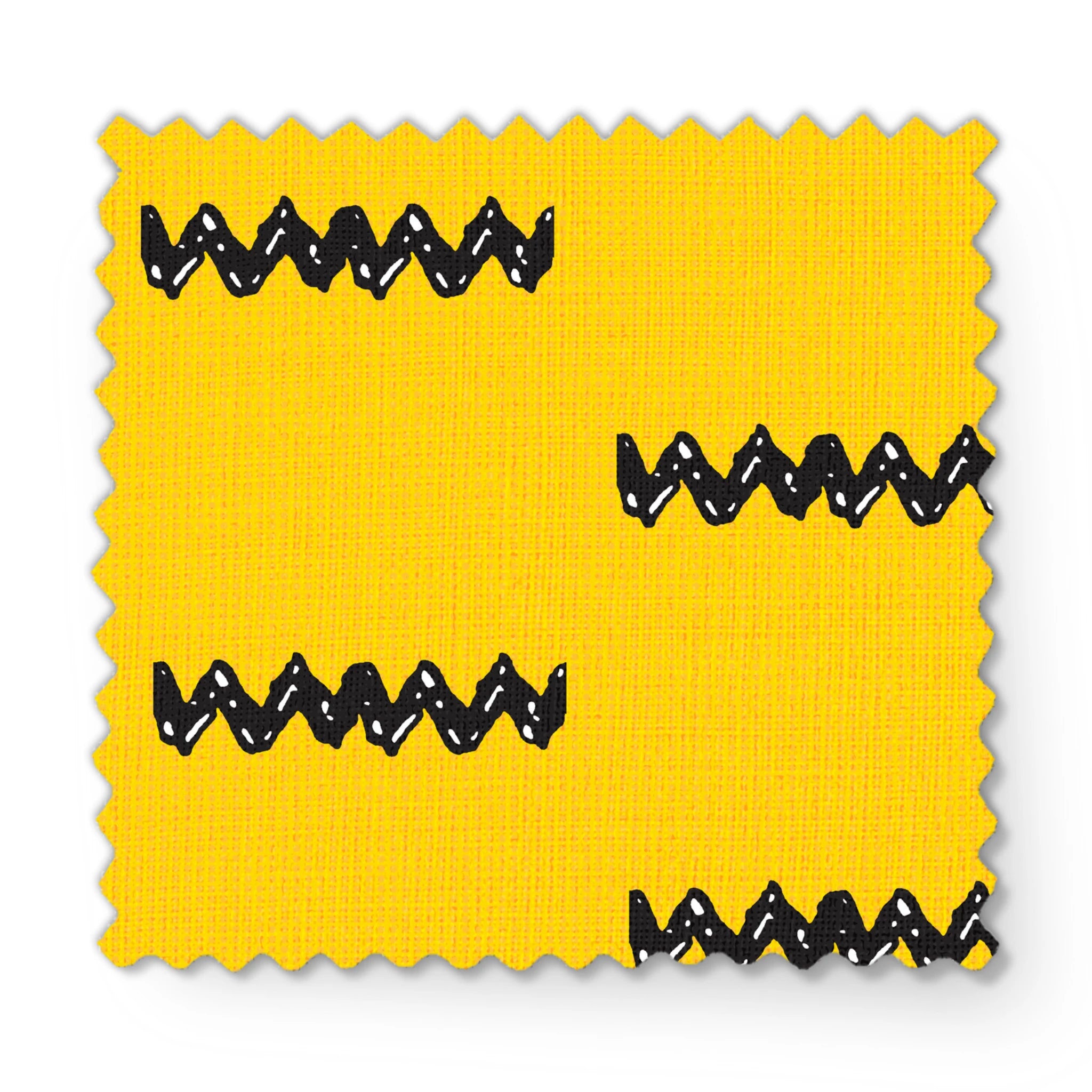Black Charlie Brown zigzag patterns arranged in four rows against a bright yellow textured background fabric swatch mockup