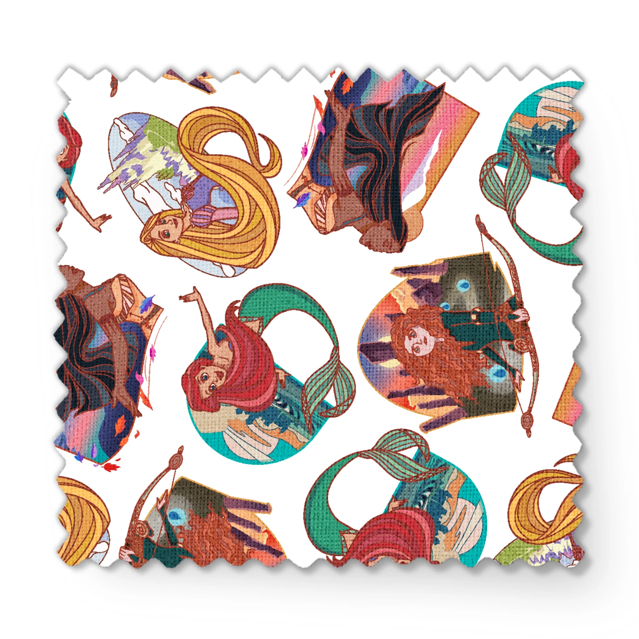 Colorful illustrated pattern of Disney princesses with curved decorative elements on white background fabric swatch mockup