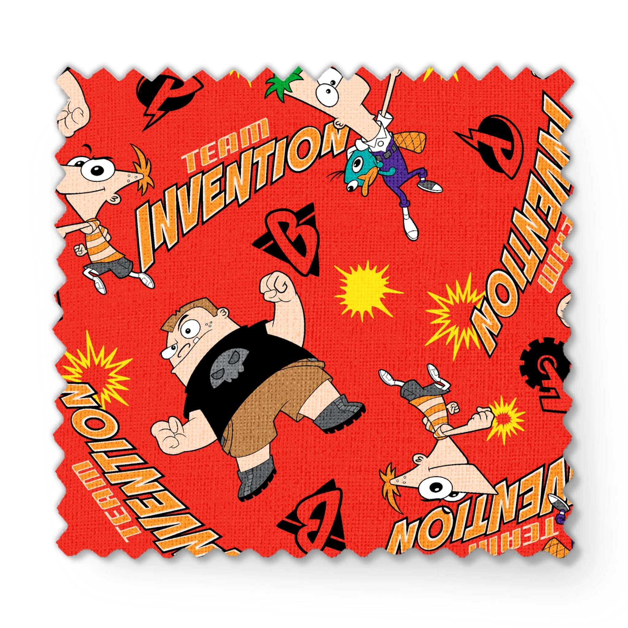 Red background pattern with Phineas and Ferb, text reading "Invention" and "McTheim", yellow starbursts, and comic-style design elements fabric swatch mockup