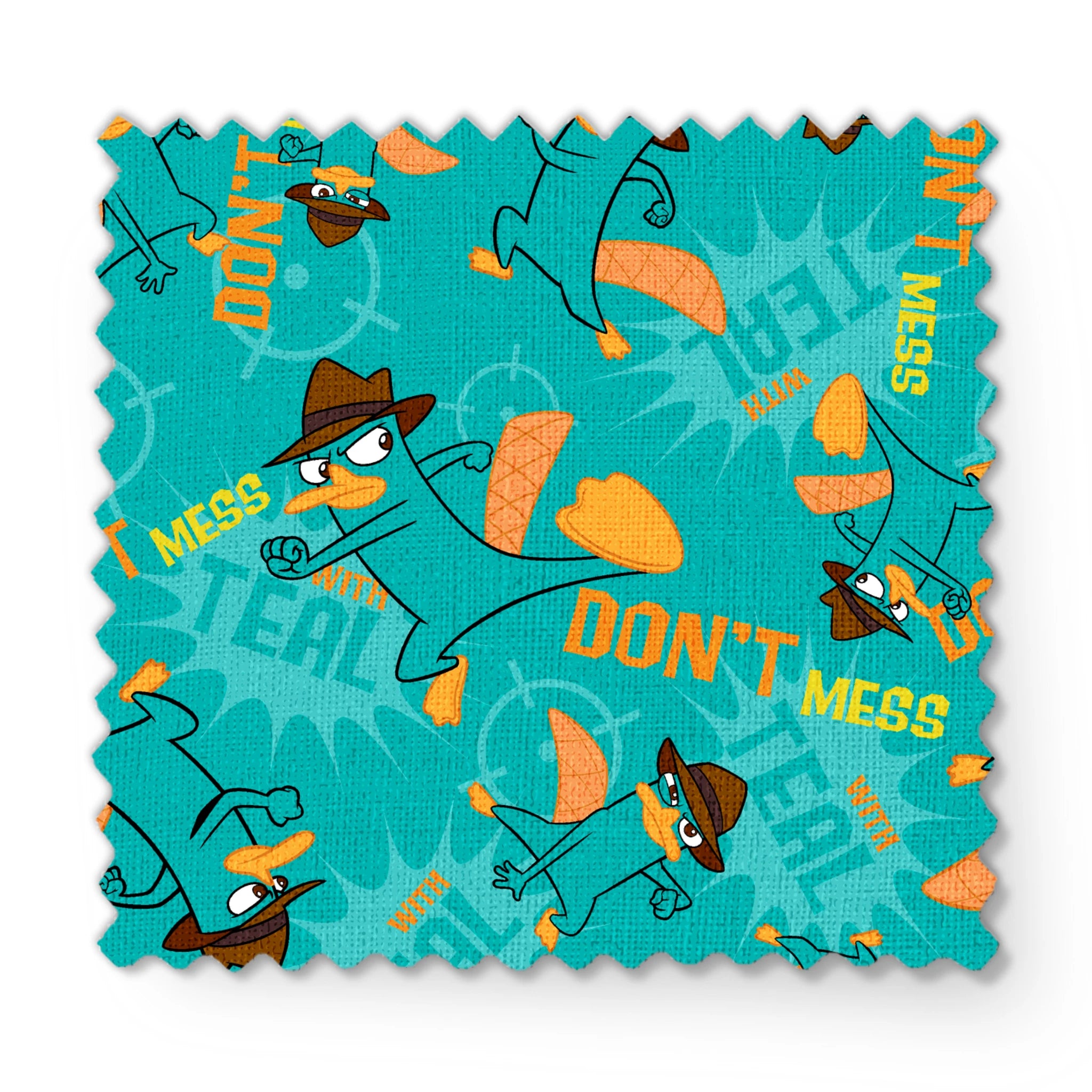 Cartoon pattern of platypus character in fedora hat with orange elements on teal background fabric swatch mockup