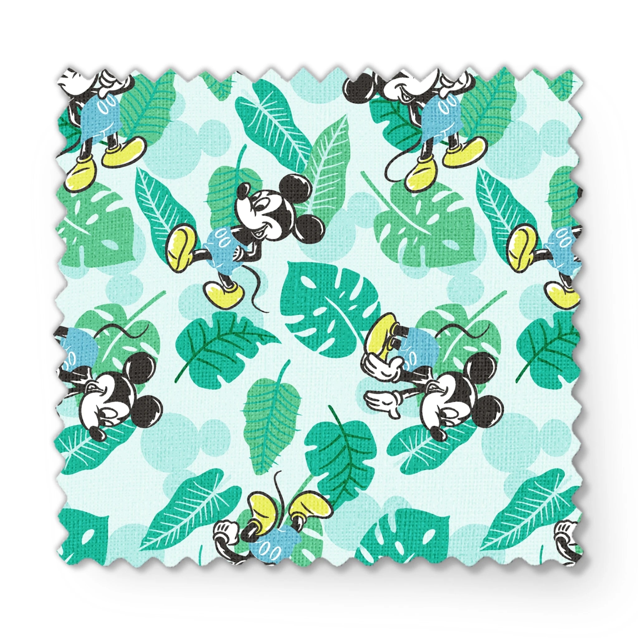 Colorful pattern with cartoon mice characters and tropical green leaves on a light blue background fabric swatch mockup