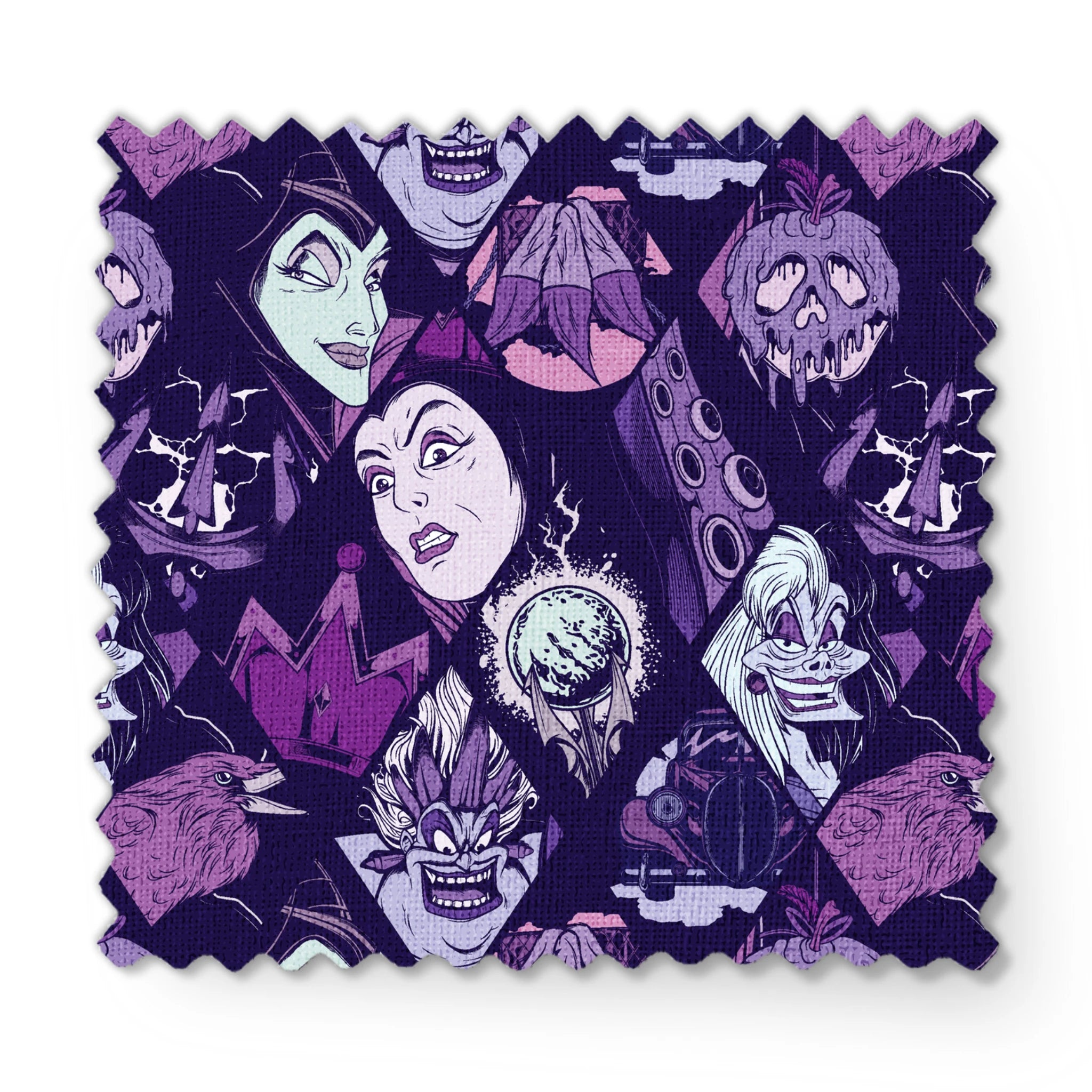 Stylized Disney villains in purple tones featuring evil queens, monsters, and creatures with sinister expressions. fabric swatch mockup