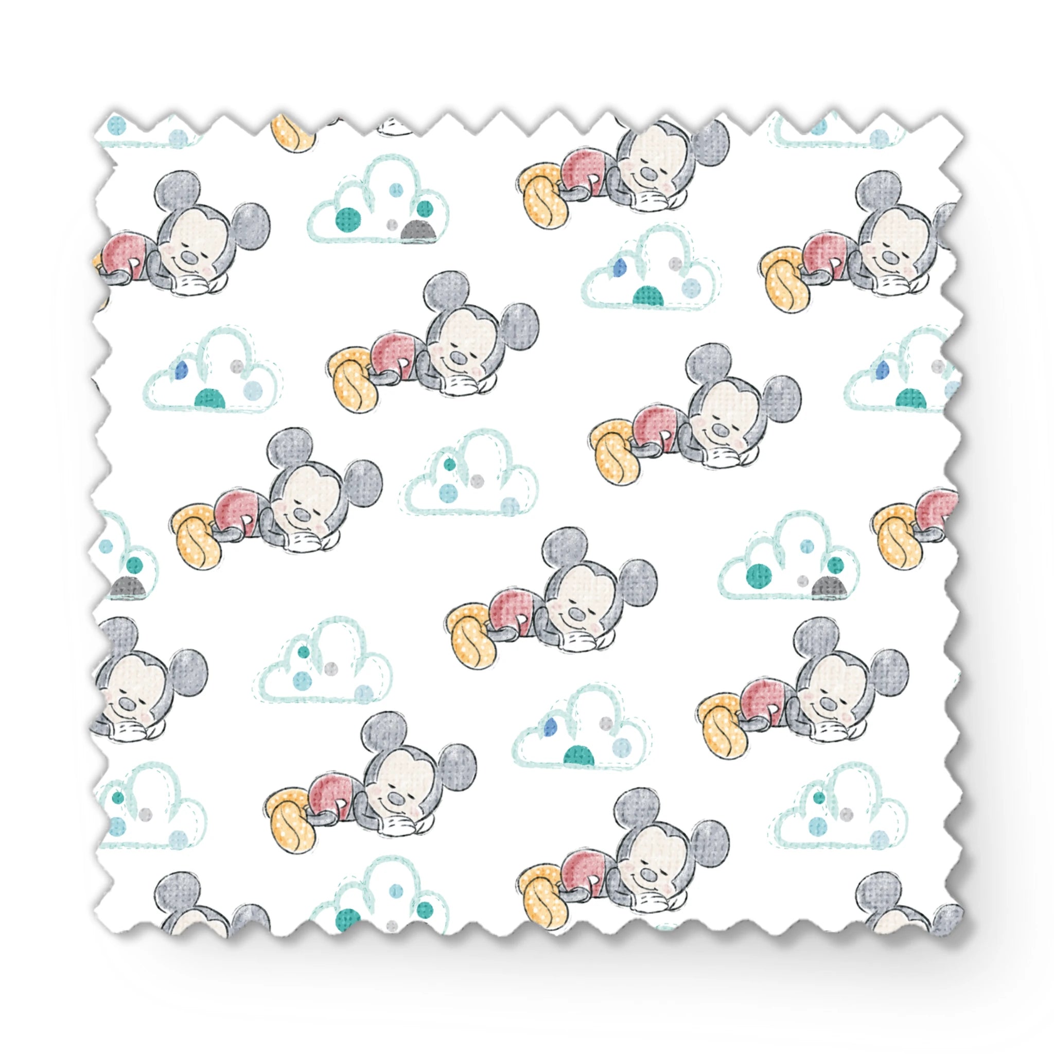 Cute cartoon mouse characters sleeping peacefully on white background with mint green clouds pattern fabric swatch mockup