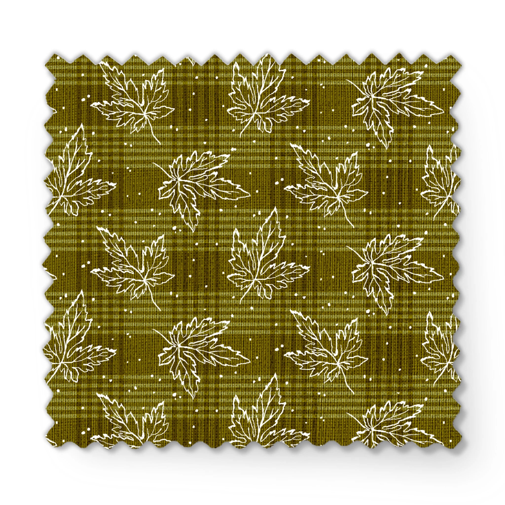 Olive green plaid pattern with scattered white outline maple leaves and small dots fabric swatch mockup