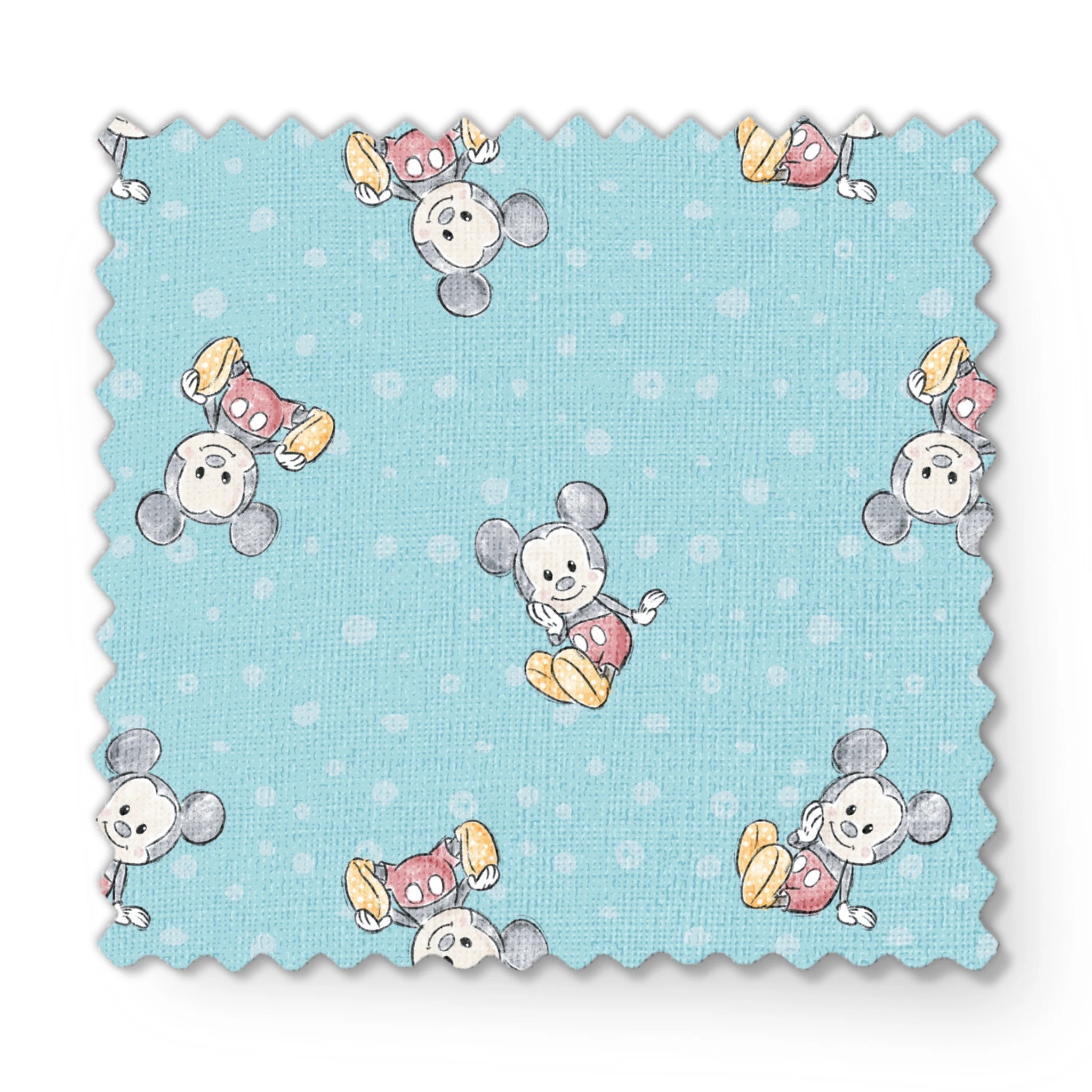 Cute cartoon mouse pattern with gray mice wearing colorful outfits on light blue polka dot background fabric swatch mockup
