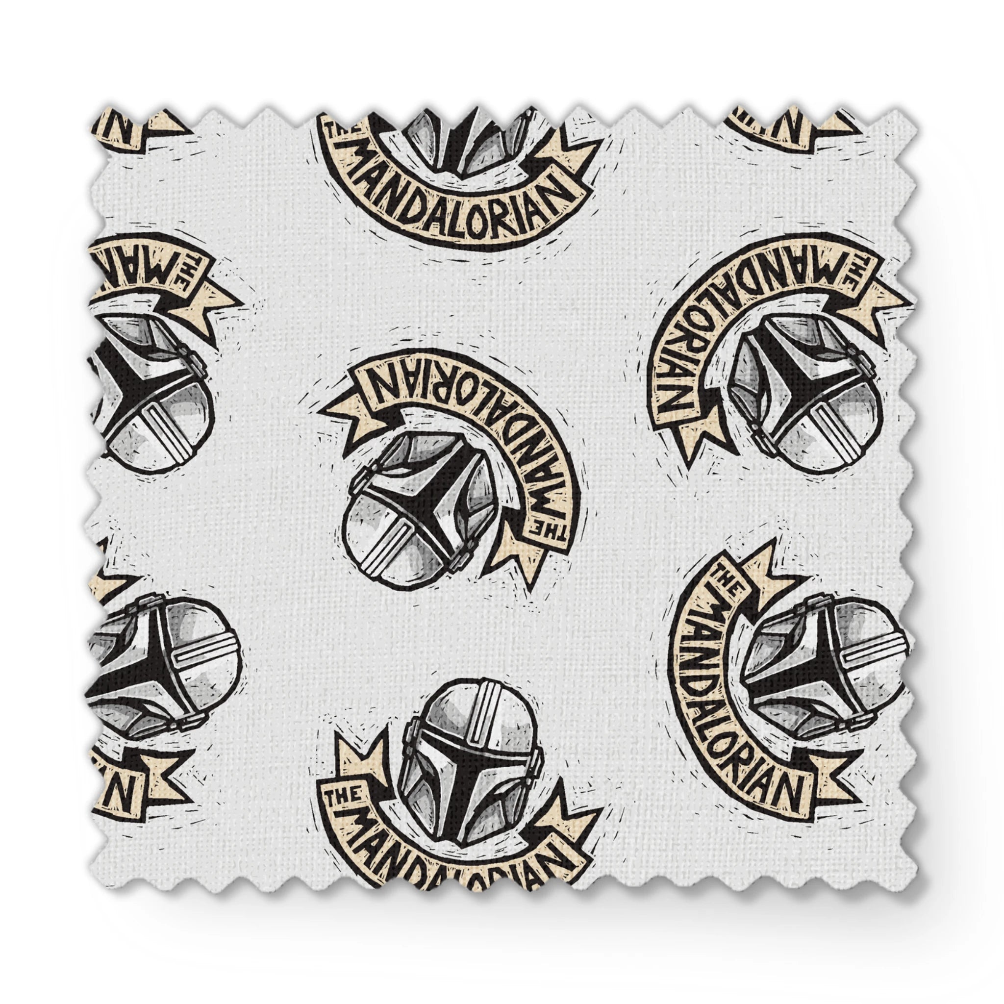 Star Wars Mandalorian helmet logo pattern with banners in black and gold on light background fabric swatch mockup