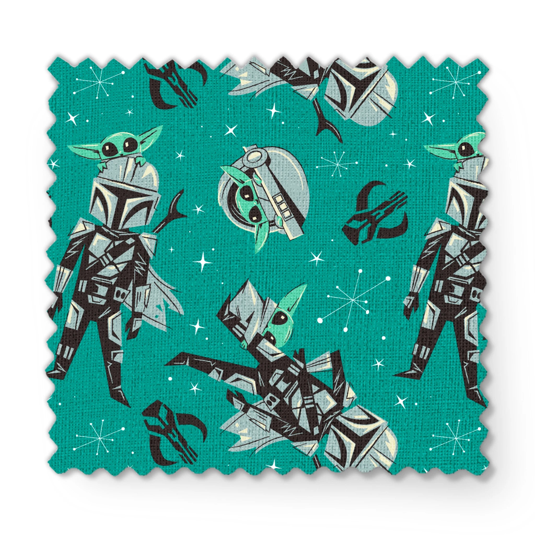 Cartoon-style Star Wars pattern with Baby Yoda and Mandalorian figures on teal background with stars fabric swatch mockup