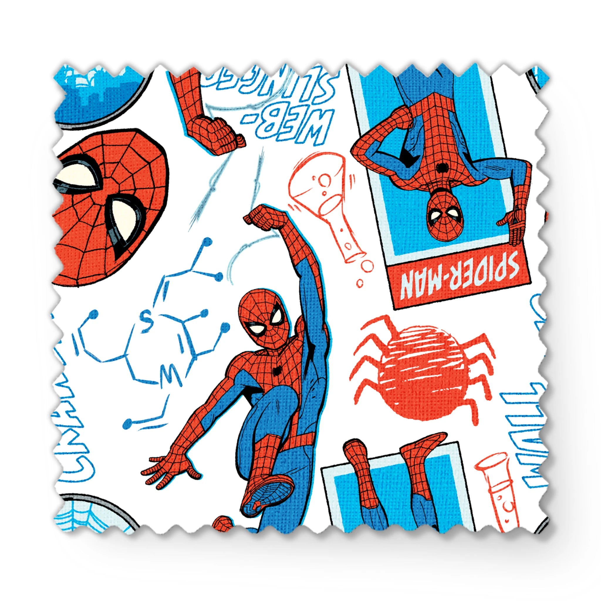 Comic-style Spider-Man pattern with red and blue figures in various poses, spider symbols, and text on white background fabric swatch mockup