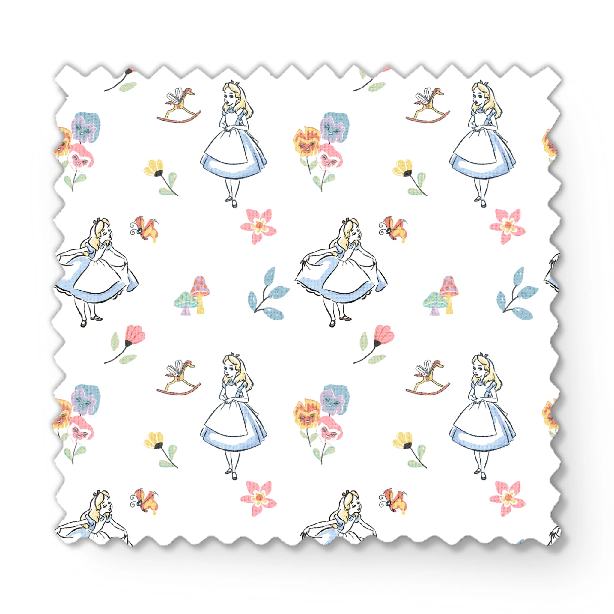 Whimsical pattern featuring character in blue dress with flowers, mushrooms, and rocking horse fabric swatch mockup