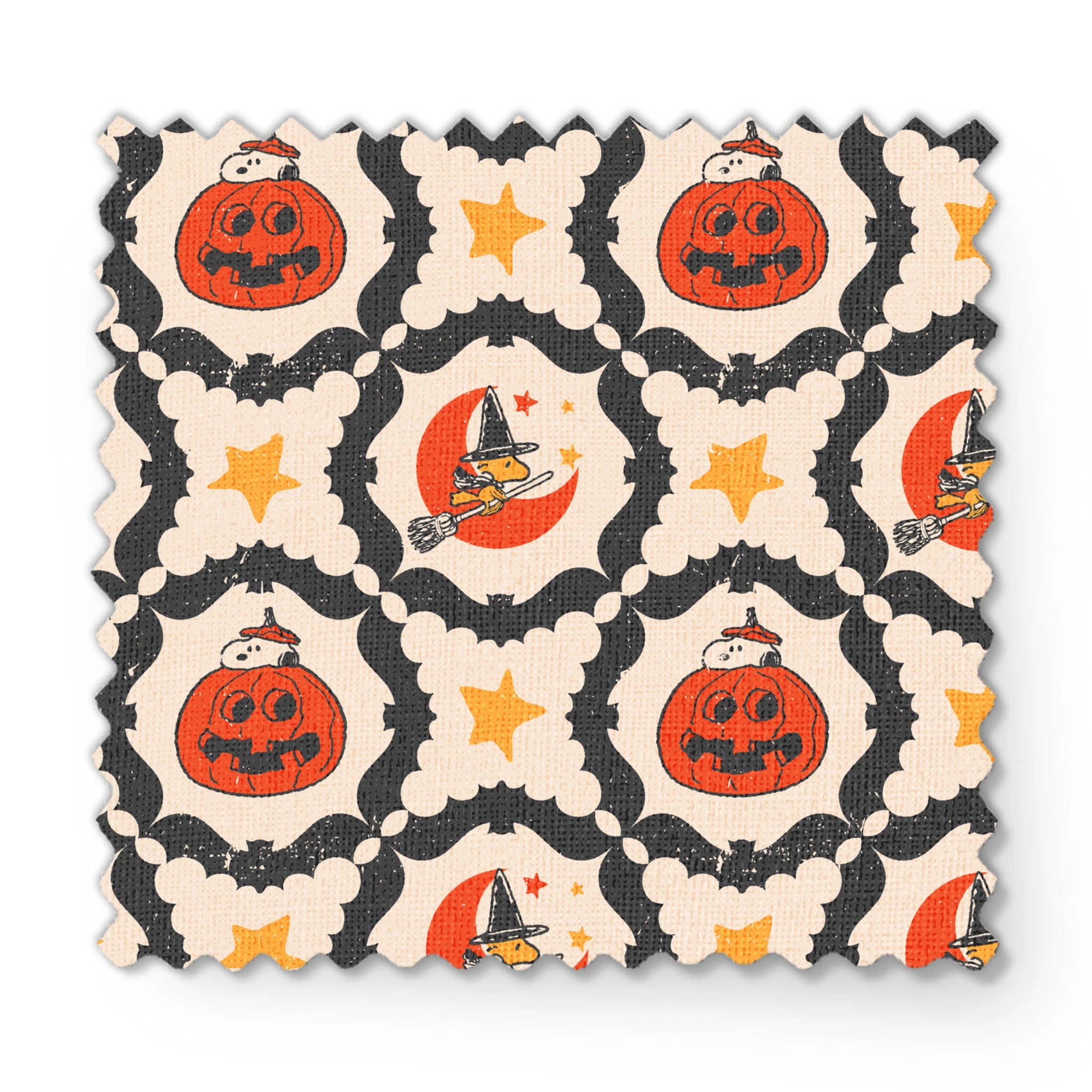 Peanuts Halloween pattern with orange jack-o'-lanterns, crescent moons with witch hats, yellow stars, and black bat borders on cream background fabric swatch mockup