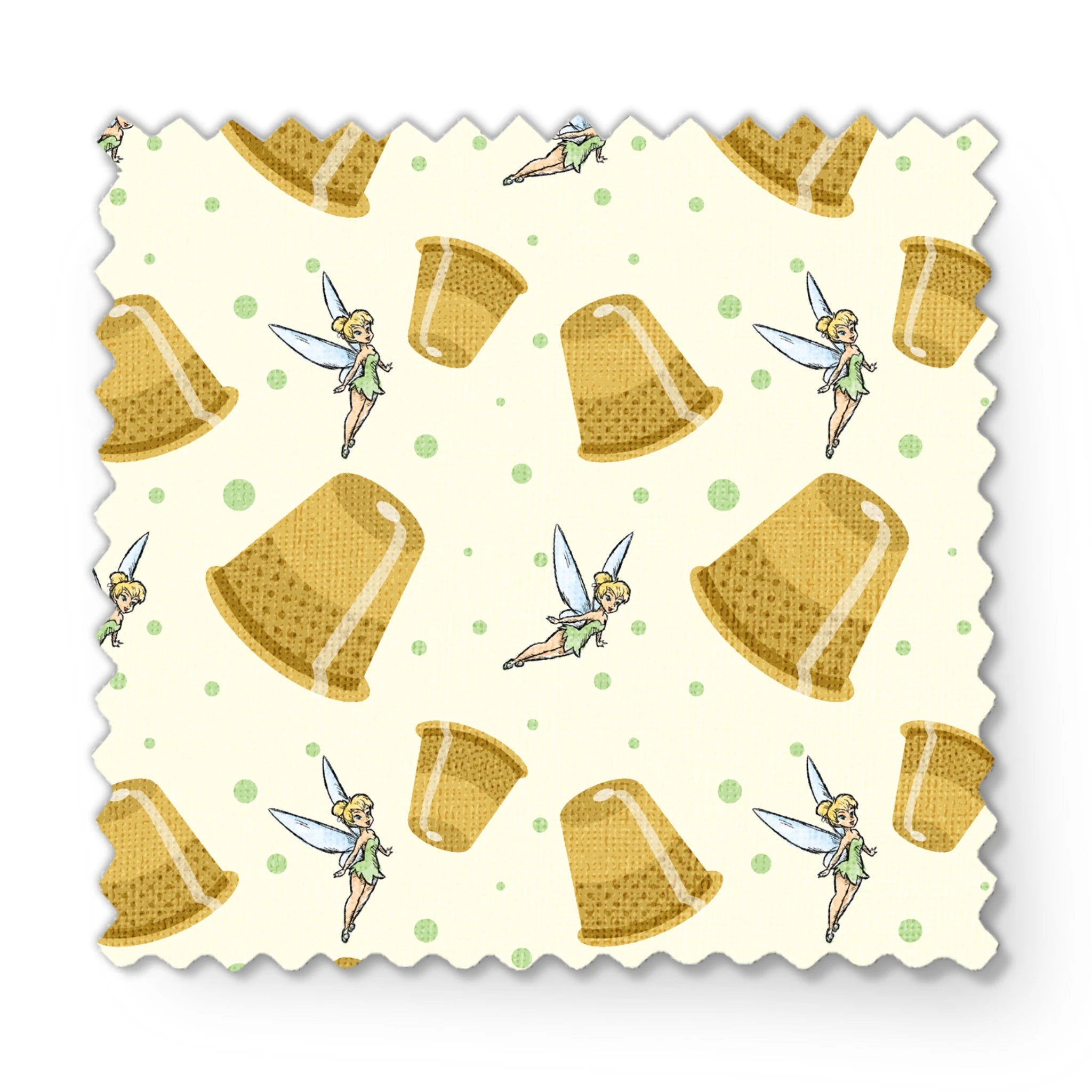 A pattern featuring Tinkerbell fairy with golden thimbles on a pale background with green dots. fabric swatch mockup