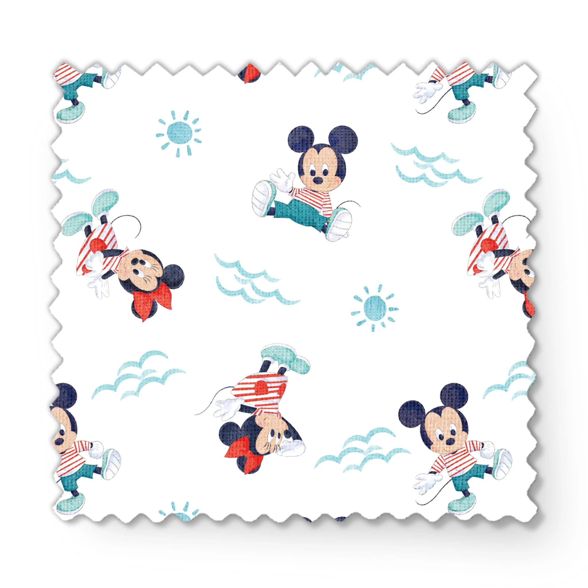Mickey Mouse pattern with characters in various poses, blue waves and suns on white background, nautical theme fabric swatch mockup