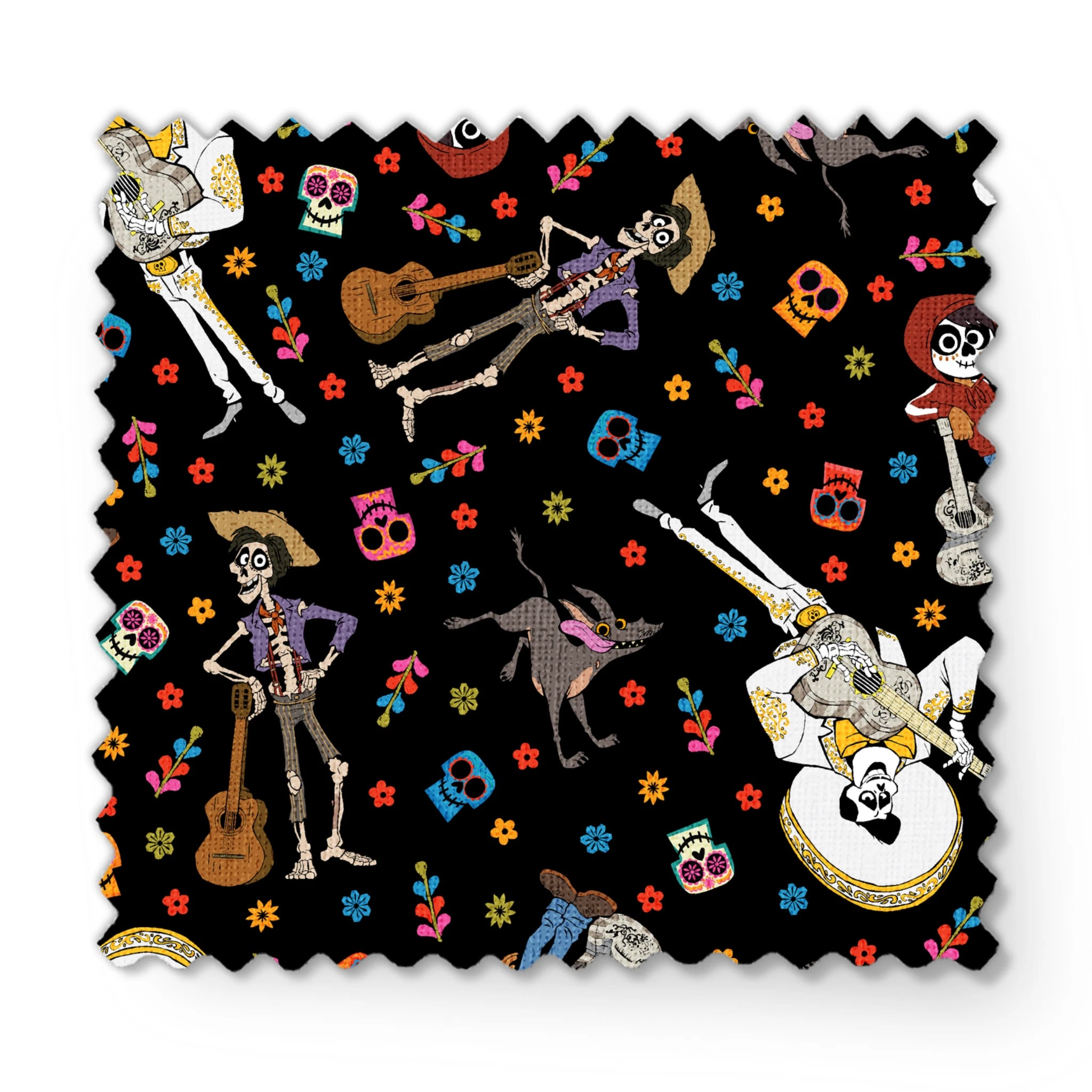 Colorful Coco Day of the Dead pattern with skeleton figures playing instruments, skulls, and flowers on black background fabric swatch mockup
