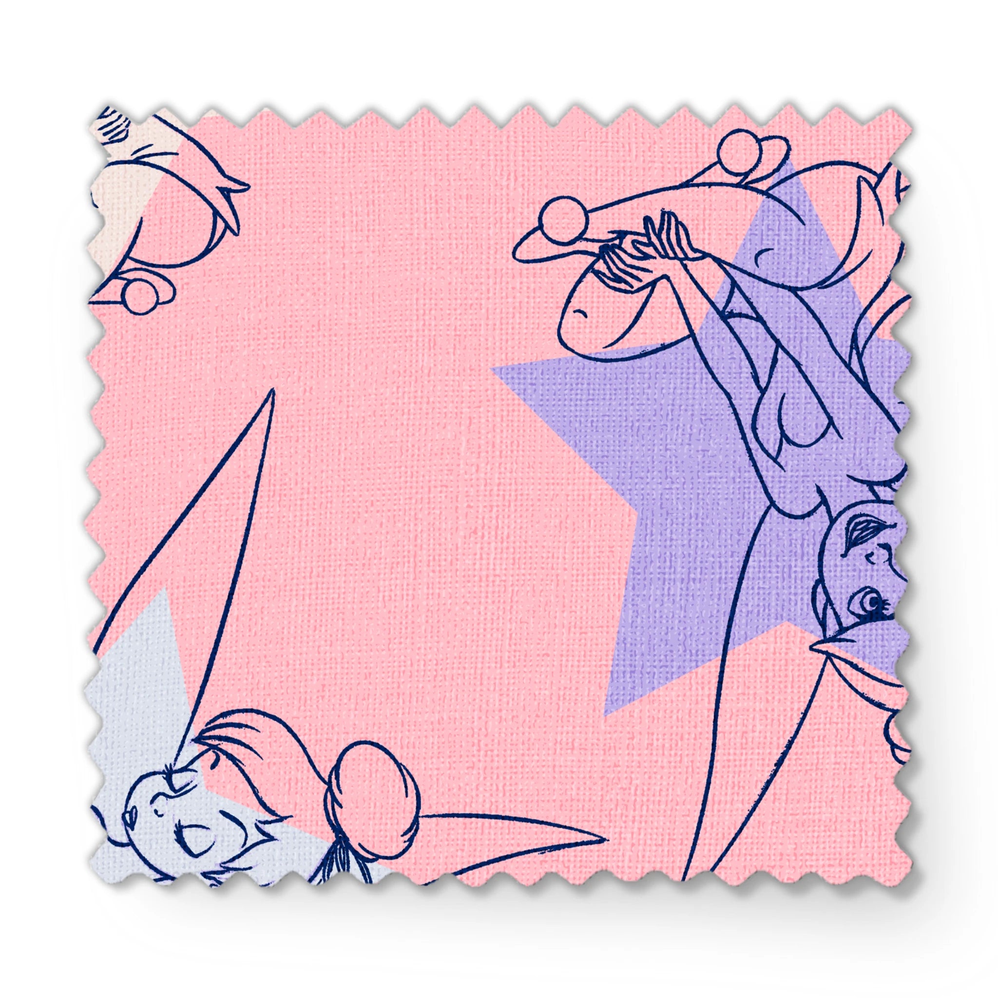 Whimsical Tinker Bells in outlined blue and white style on a soft pink background fabric swatch mockup