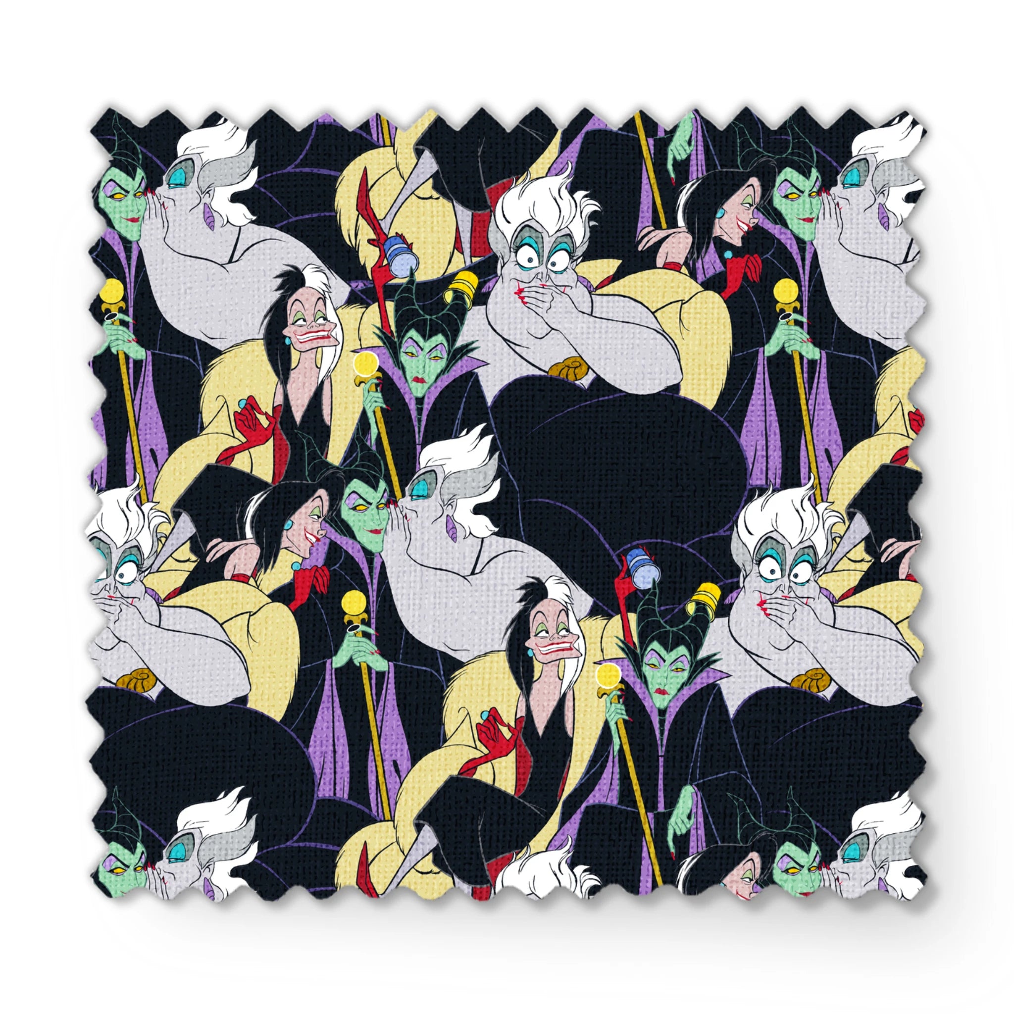 Colorful pattern of Disney villains including Ursula, Maleficent, and Cruella de Vil on dark background fabric swatch mockup