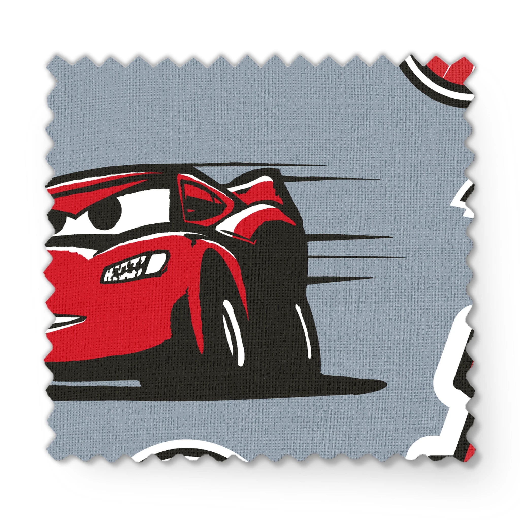 Racing pattern with red cars, checkered flags, speedometers, and racing emblems on gray background fabric swatch mockup