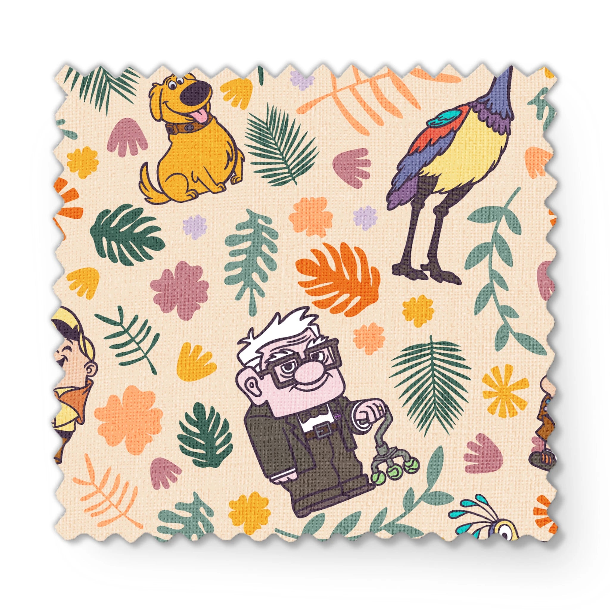 Whimsical cartoon pattern with colorful characters from Pixar's "Up" against floral background fabric swatch mockup