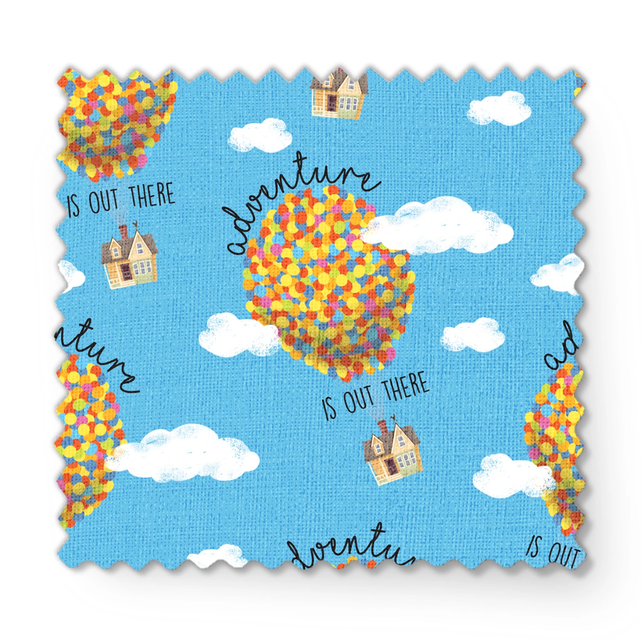 Colorful Up-inspired balloon houses floating in blue sky with text "Adventure is out there" repeating in pattern fabric swatch mockup