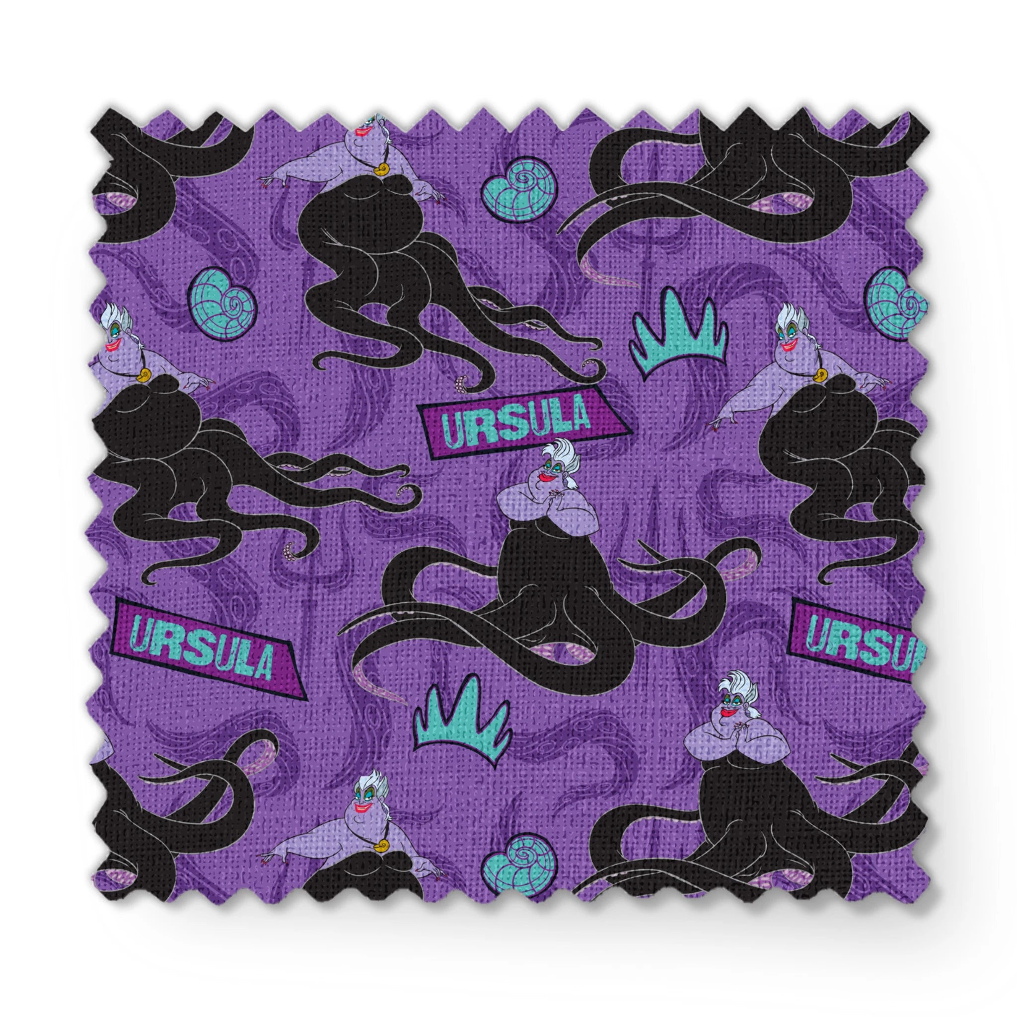 Purple background with Ursula silhouettes, tentacles, turquoise crowns, and name plates in repeating pattern fabric swatch mockup
