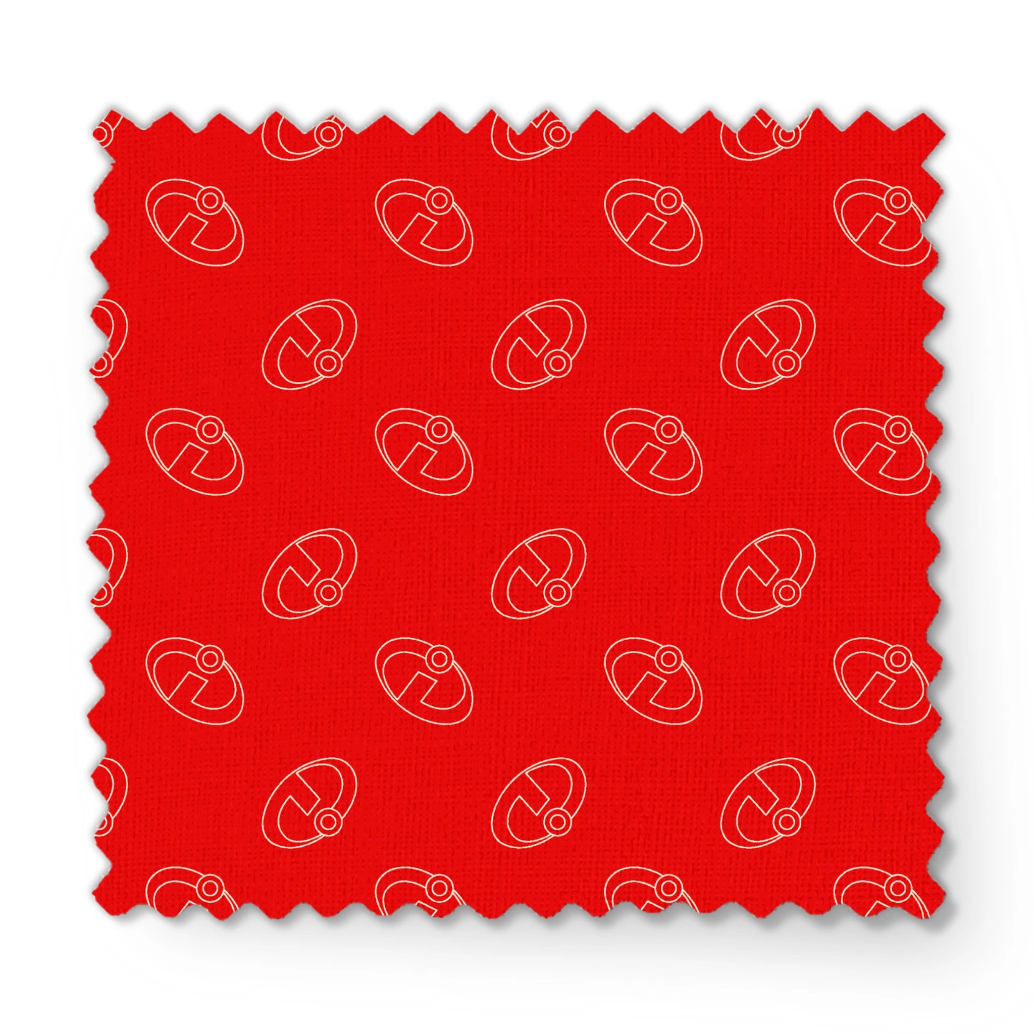 Red background with The Incredibles logos in a repeating pattern fabric swatch mockup