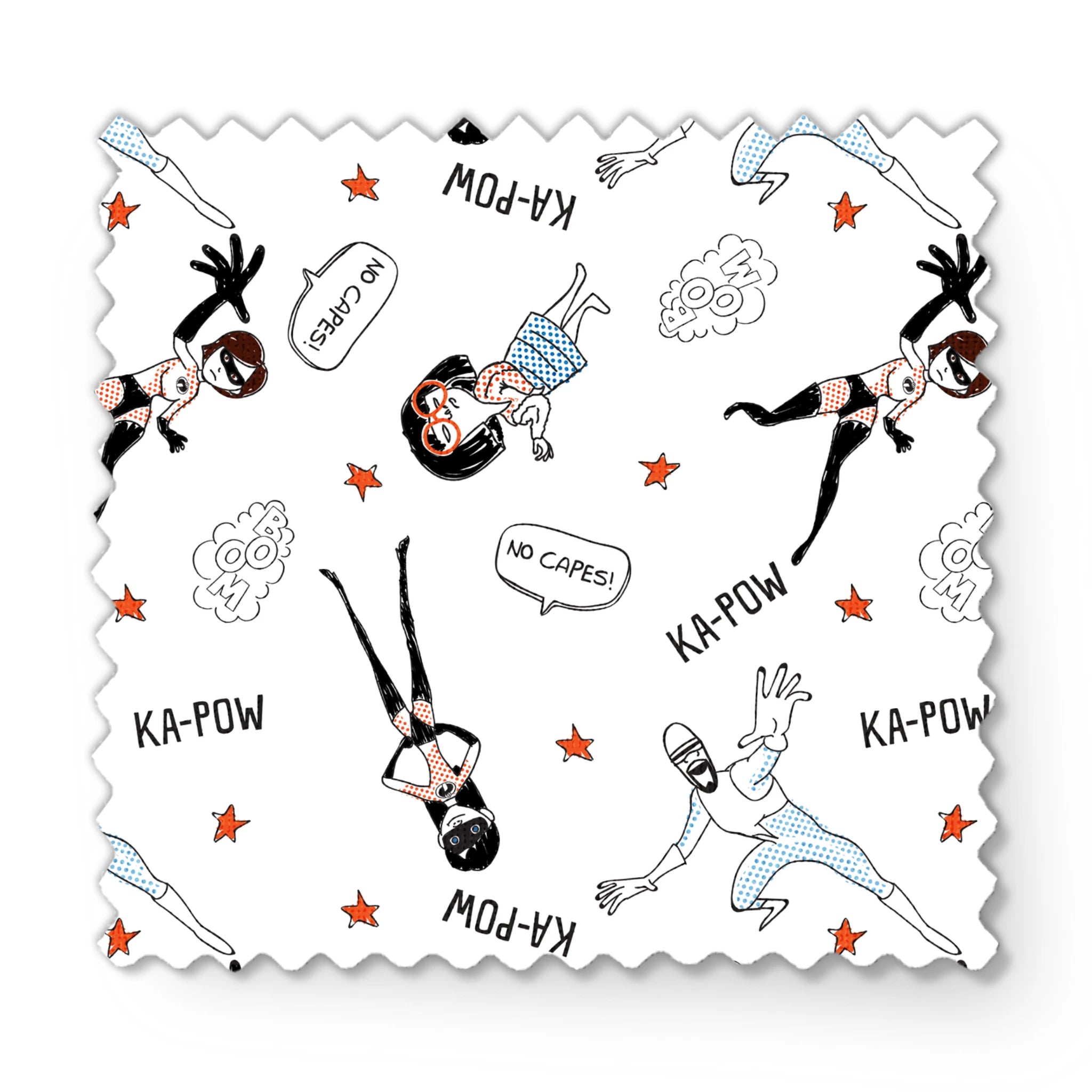 The Incredibles in dynamic poses with comic book sound effects like "KA-POW" on white background with orange stars fabric swatch mockup