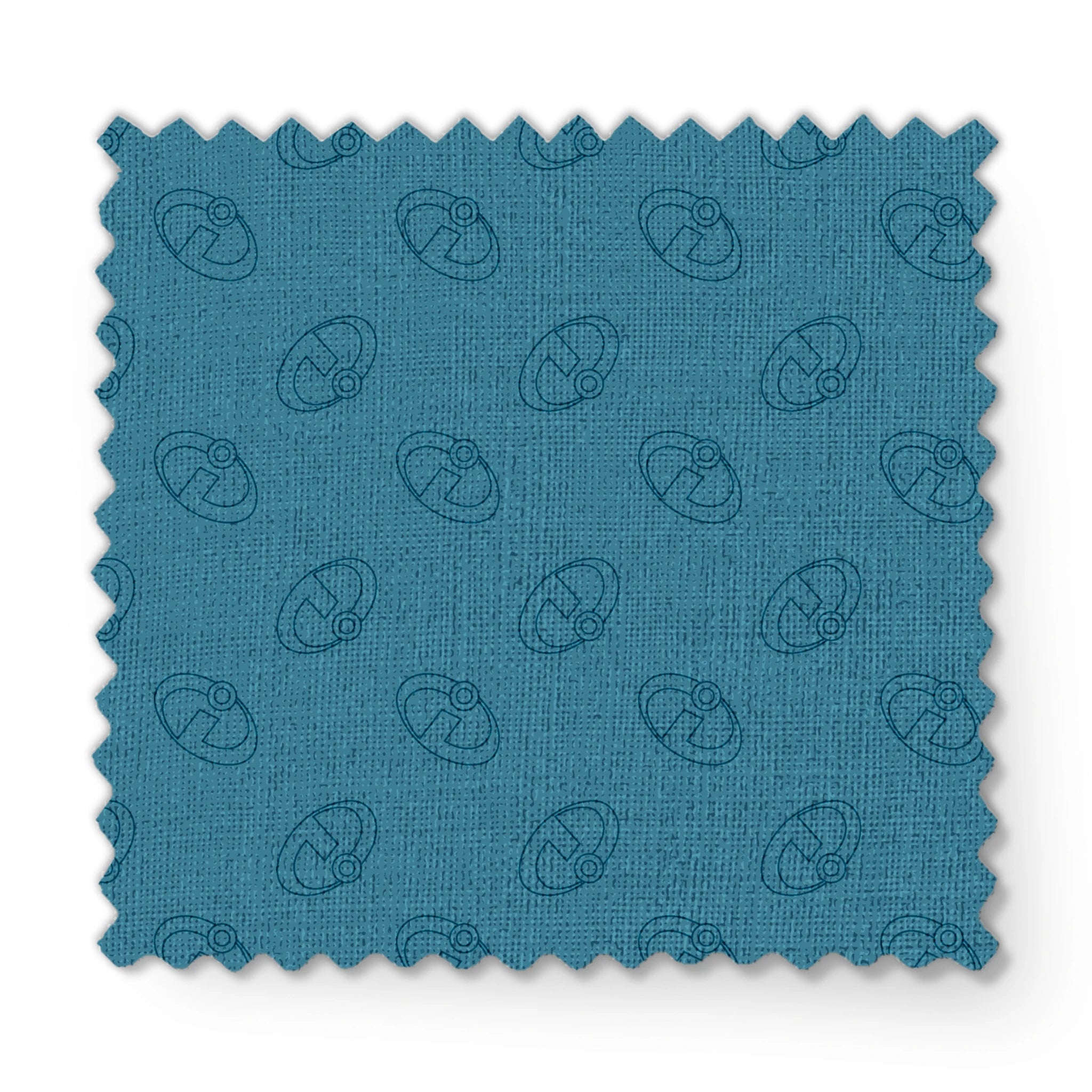 Abstract blue background with The Incredibles logos in repeating pattern fabric swatch mockup