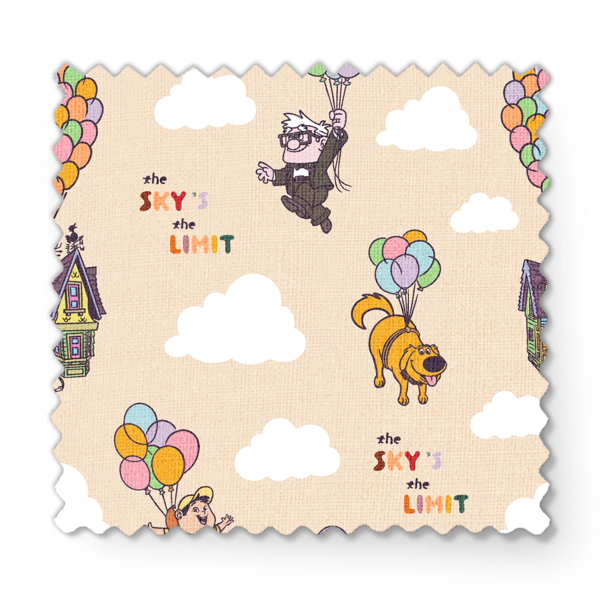 Pixar Up's characters floating with colorful balloons against beige sky with "sky's the limit" text fabric swatch mockup