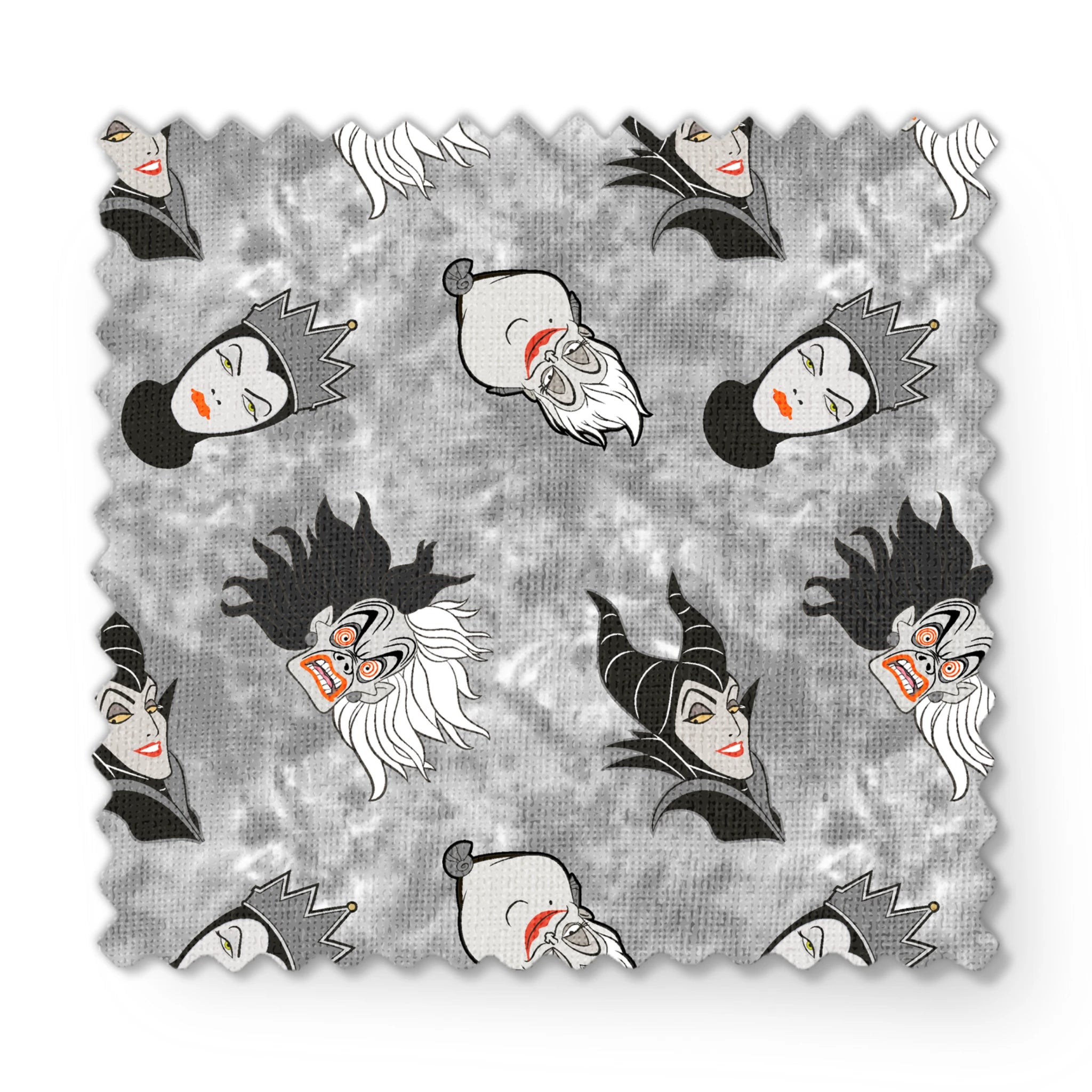Disney villain pattern on gray background fabric swatch mockup