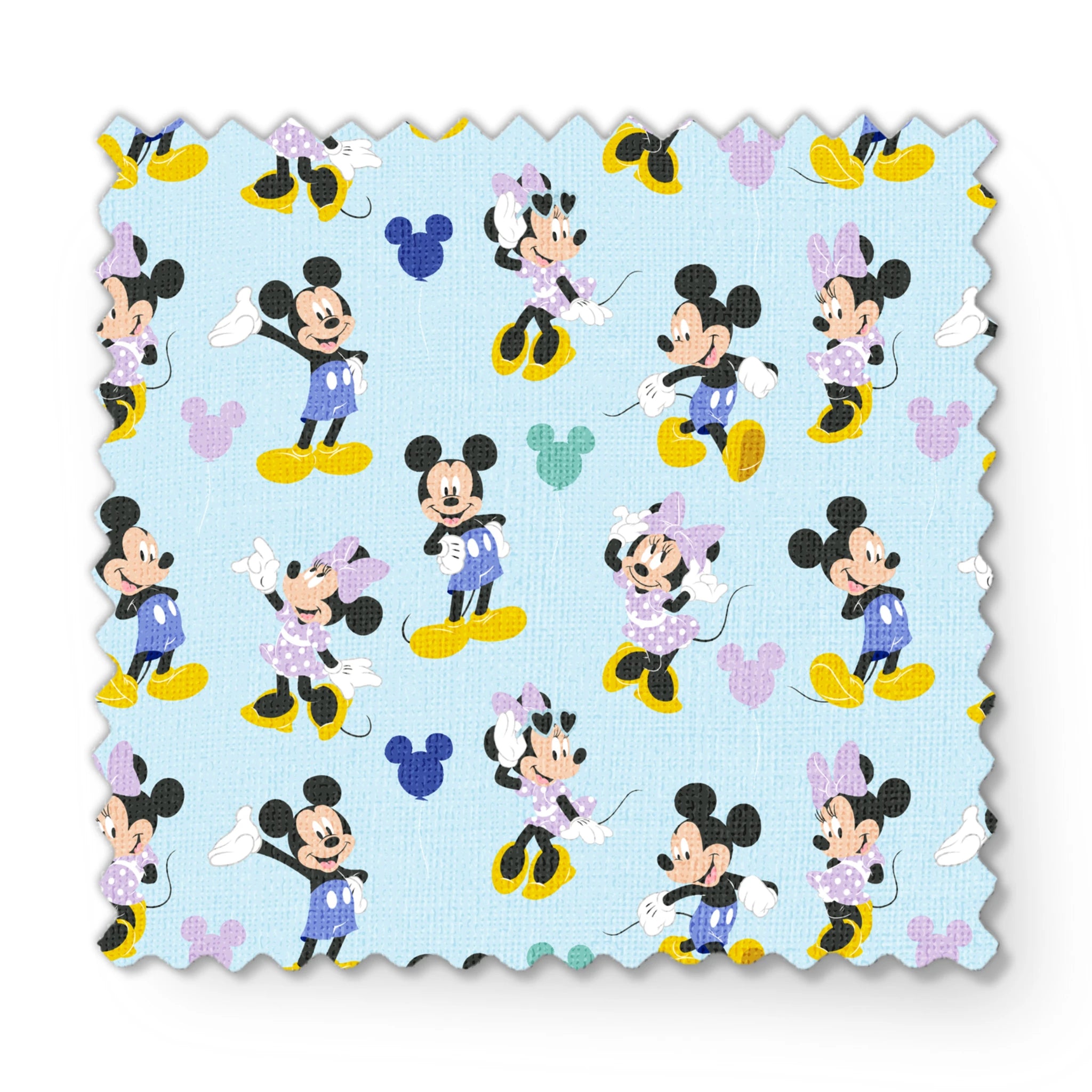 Pattern of Mickey and Minnie Mouse characters in various poses on light blue background fabric swatch mockup