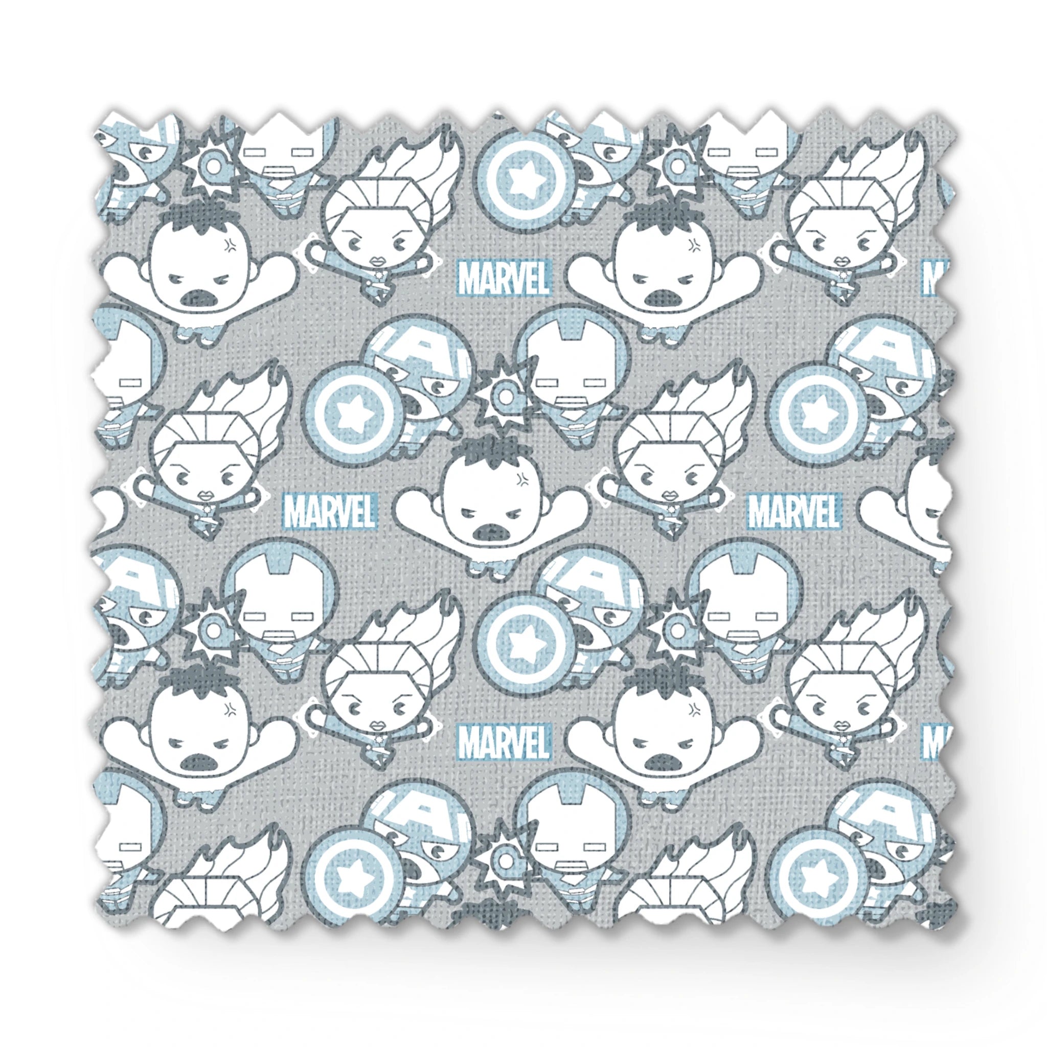 Cute cartoon Marvel superhero pattern with simplified characters and icons on gray background fabric swatch mockup